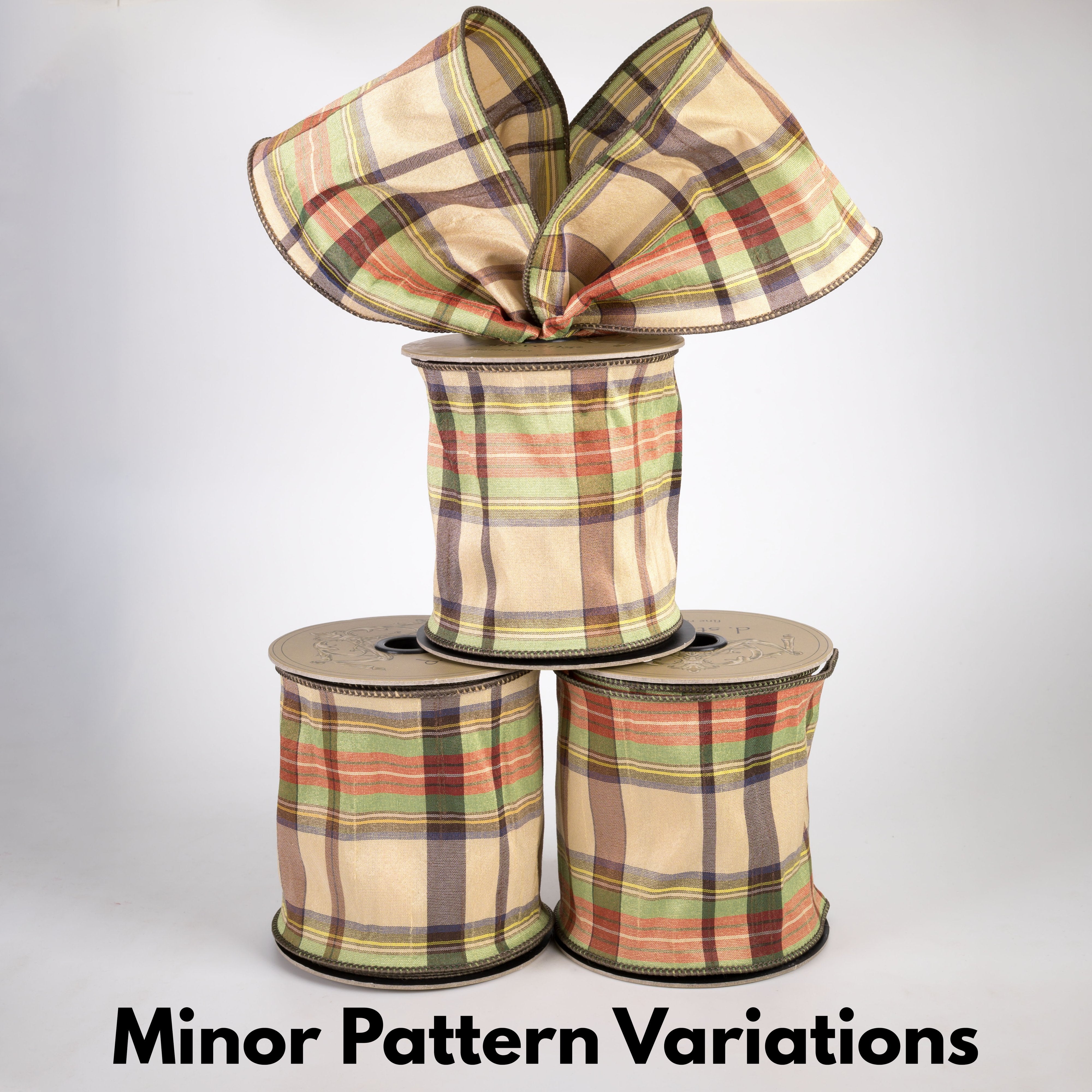 [D Stevens] 4" Dupioni Wyoming Fall Plaid Ribbon: Cream & Green (10 Yards) Lifestyle Photo