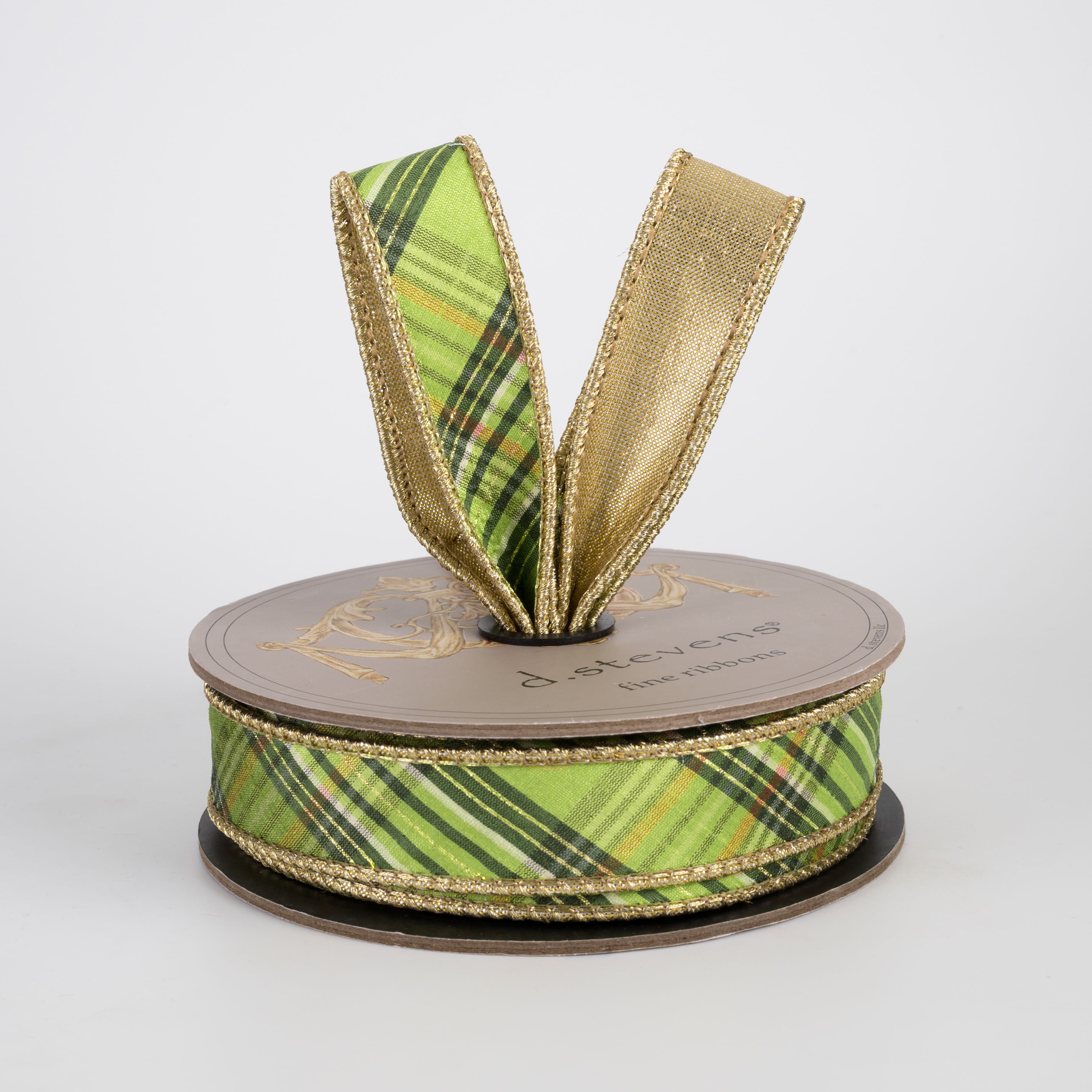 [D Stevens] 1" Faux Dupioni Gold Back Bias Cut Plaid Ribbon: Greens (10 Yards) Lifestyle Photo