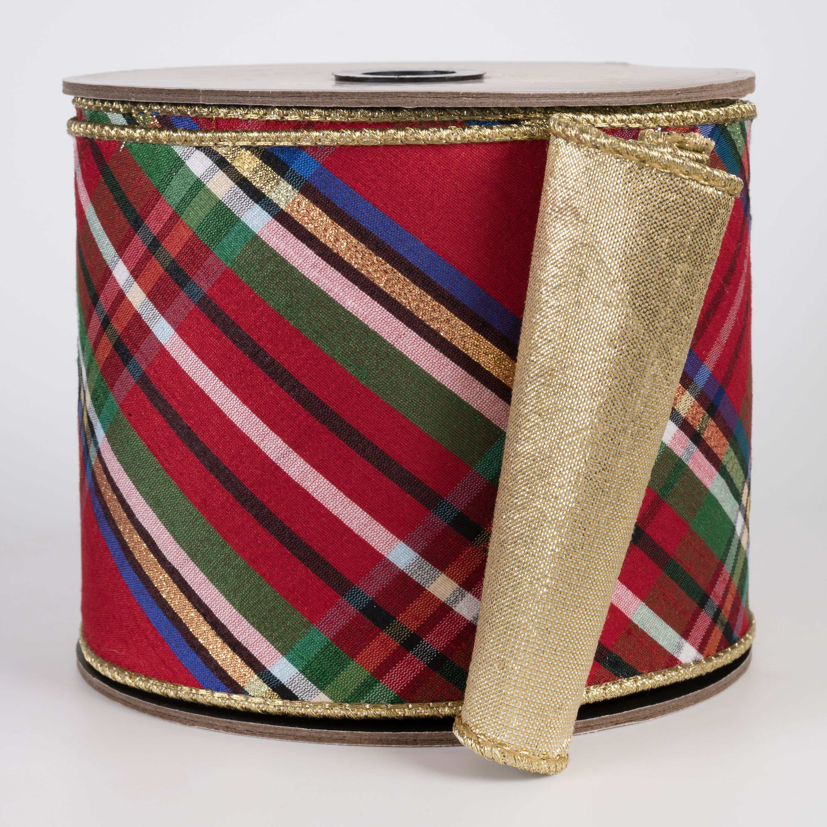[D Stevens] 4" Faux Dupioni Gold Back Diagonal Nutcracker Plaid Ribbon (10 Yards) Item Number: 07-2832