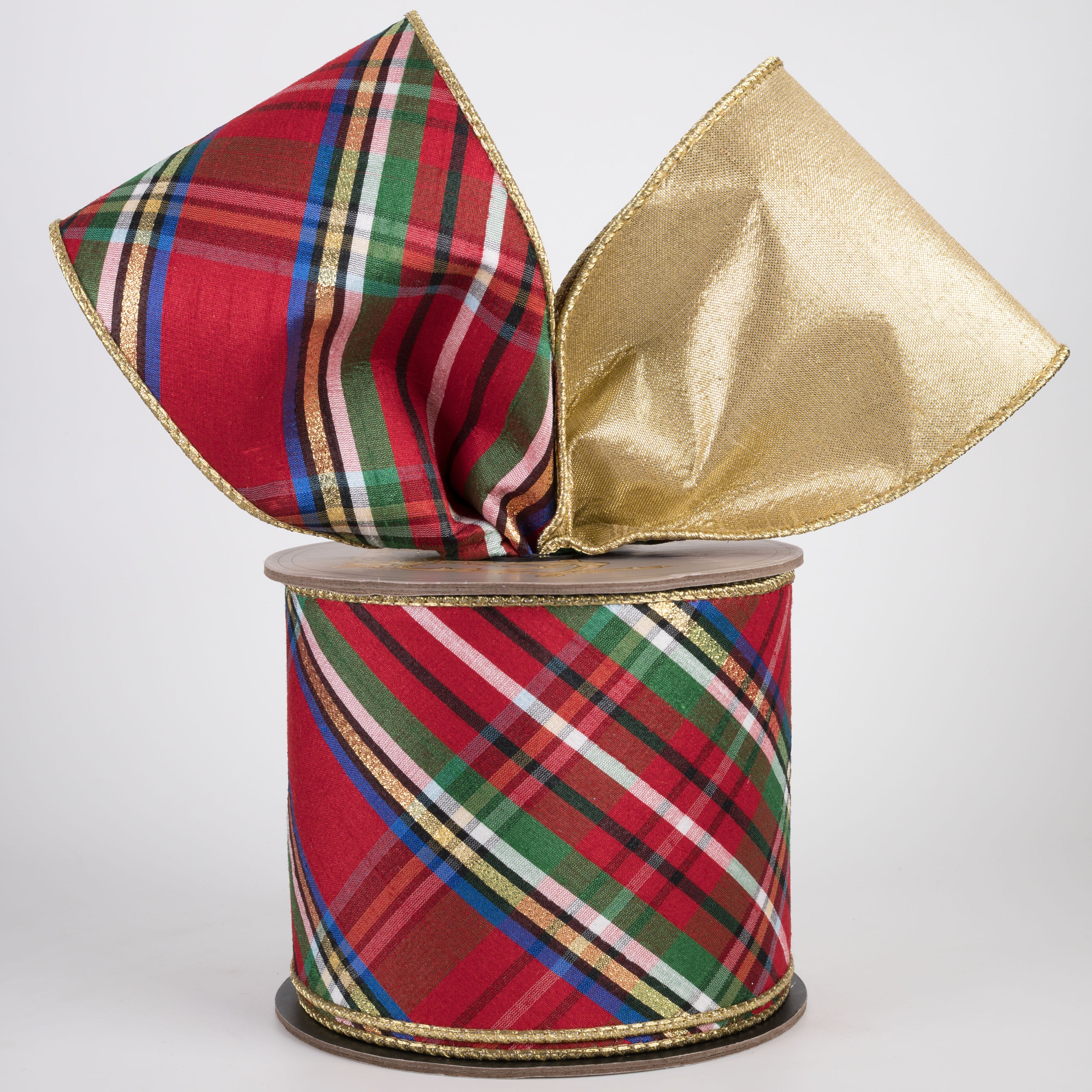 [D Stevens] 4" Faux Dupioni Gold Back Diagonal Nutcracker Plaid Ribbon (10 Yards) Lifestyle Photo