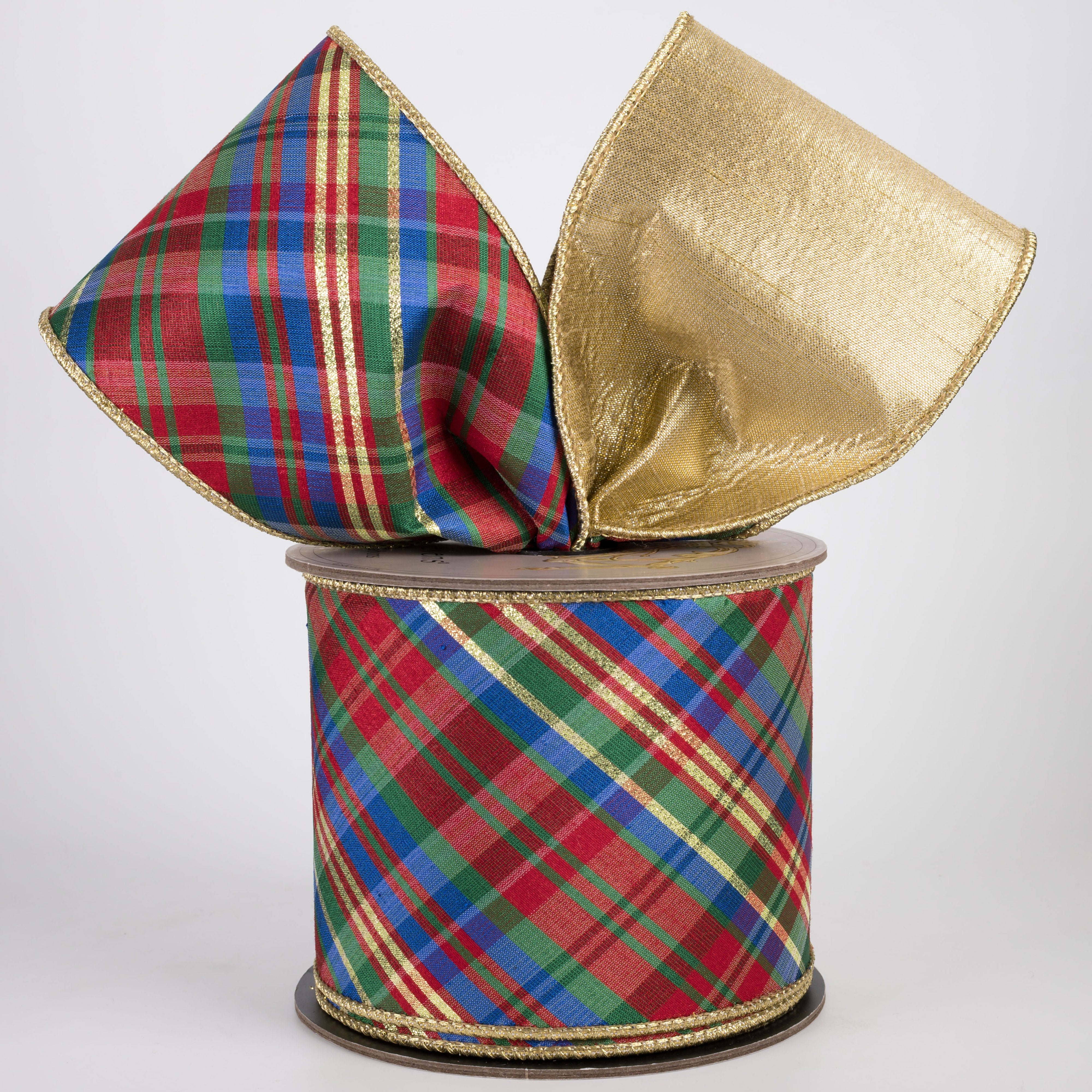 [D Stevens] 4" Faux Dupioni Gold Back Diagonal Preppy Yuletide Plaid Ribbon (10 Yards) Lifestyle Photo