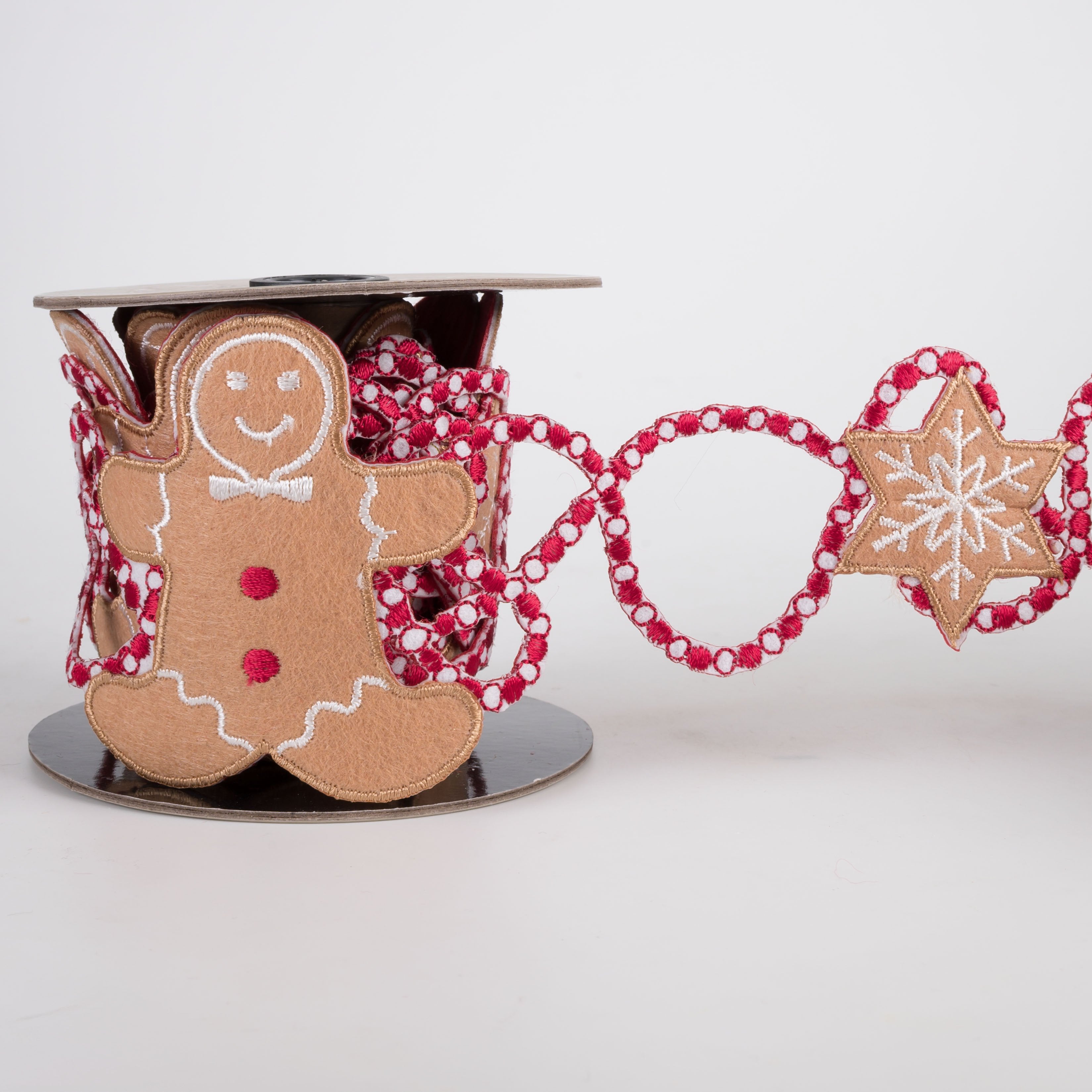 [D Stevens] 3" Felt Embroidered Gingerbread Garland Ribbon: Red & White (3 Yards) Item Number: 18-4924