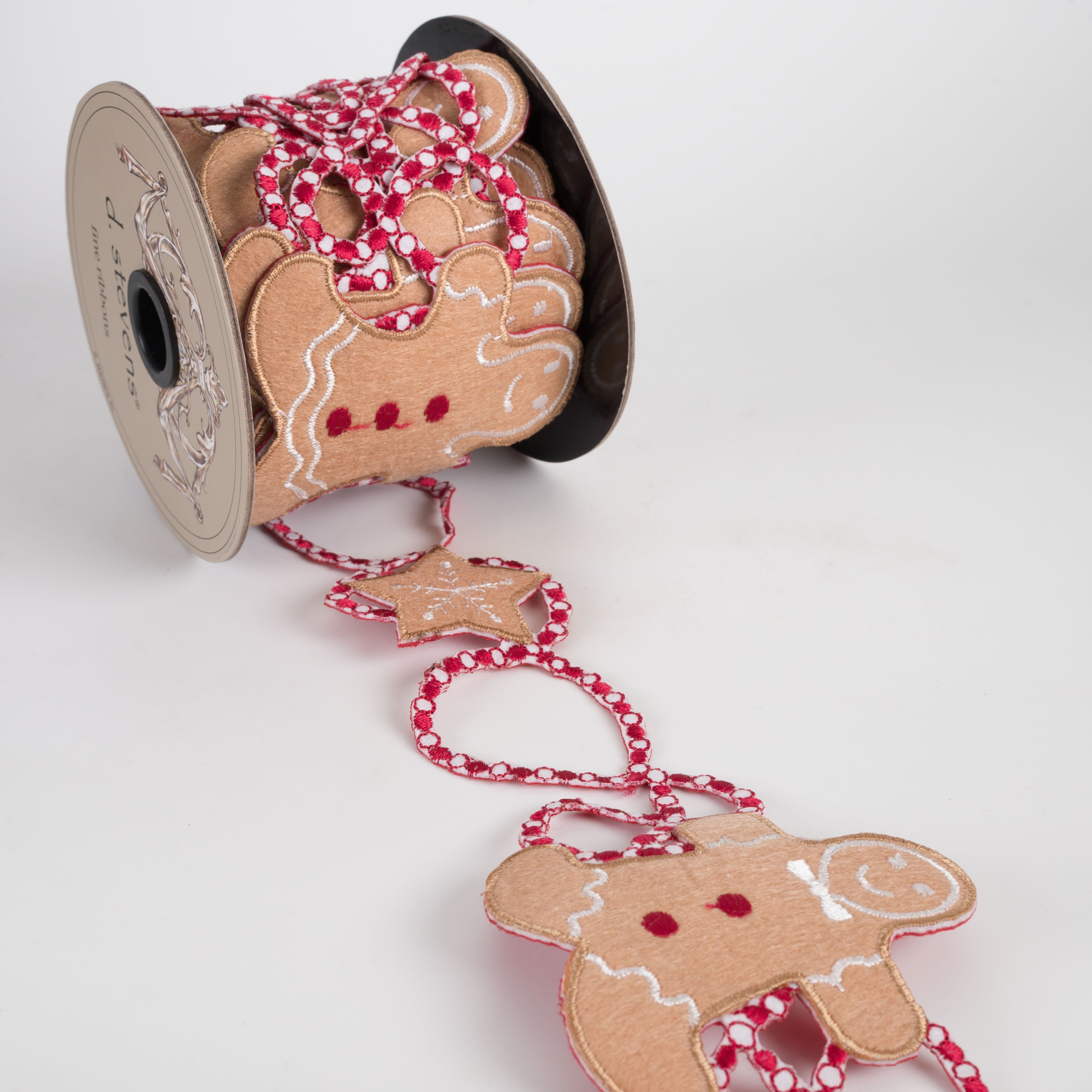 [D Stevens] 3" Felt Embroidered Gingerbread Garland Ribbon: Red & White (3 Yards) Lifestyle Photo