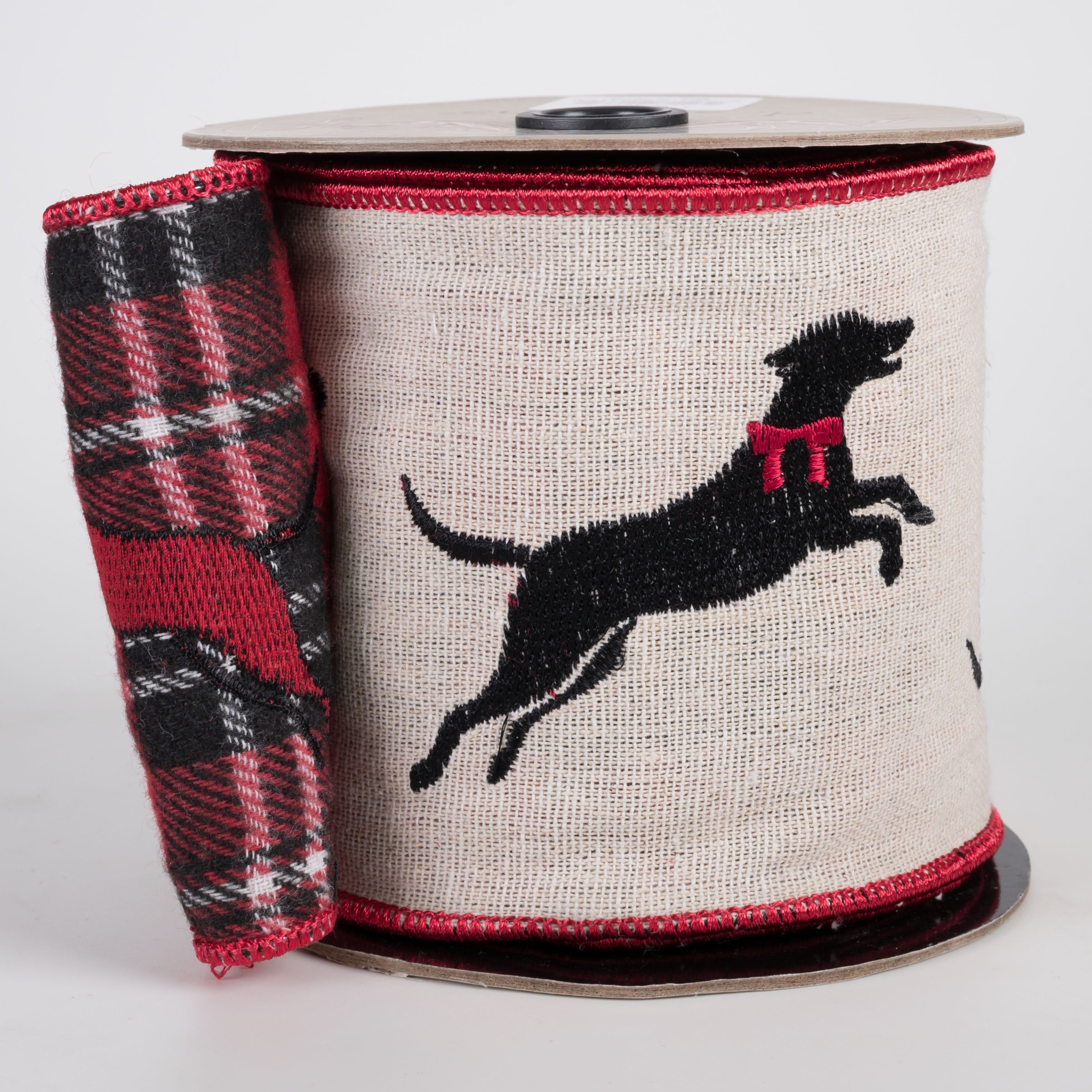 [D Stevens] 4" Linen Embroidered Black Lab & Red Bow Ribbon: Plaid Back (5 Yards) Item Number: 18-4936