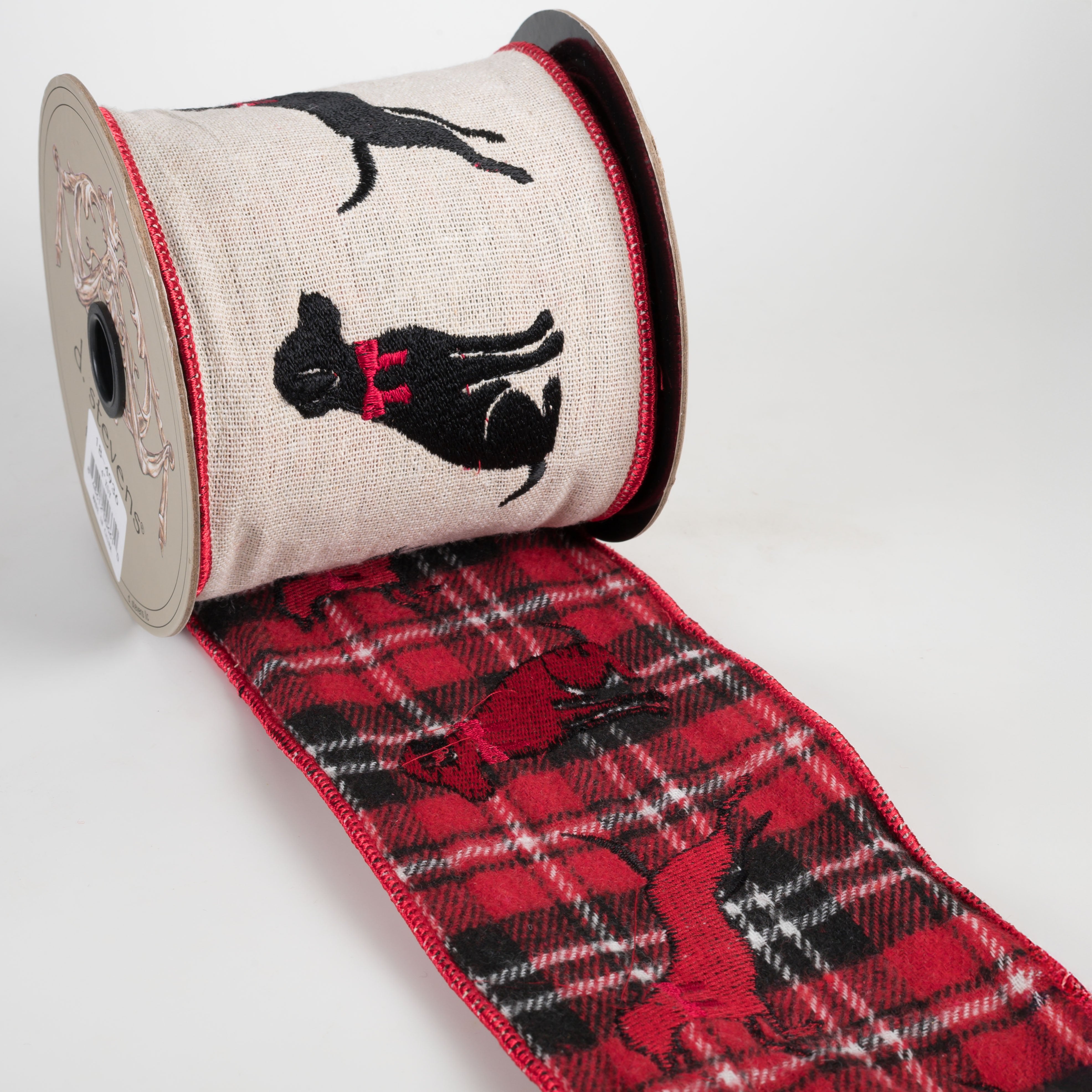 [D Stevens] 4" Linen Embroidered Black Lab & Red Bow Ribbon: Plaid Back (5 Yards) detail photo 3