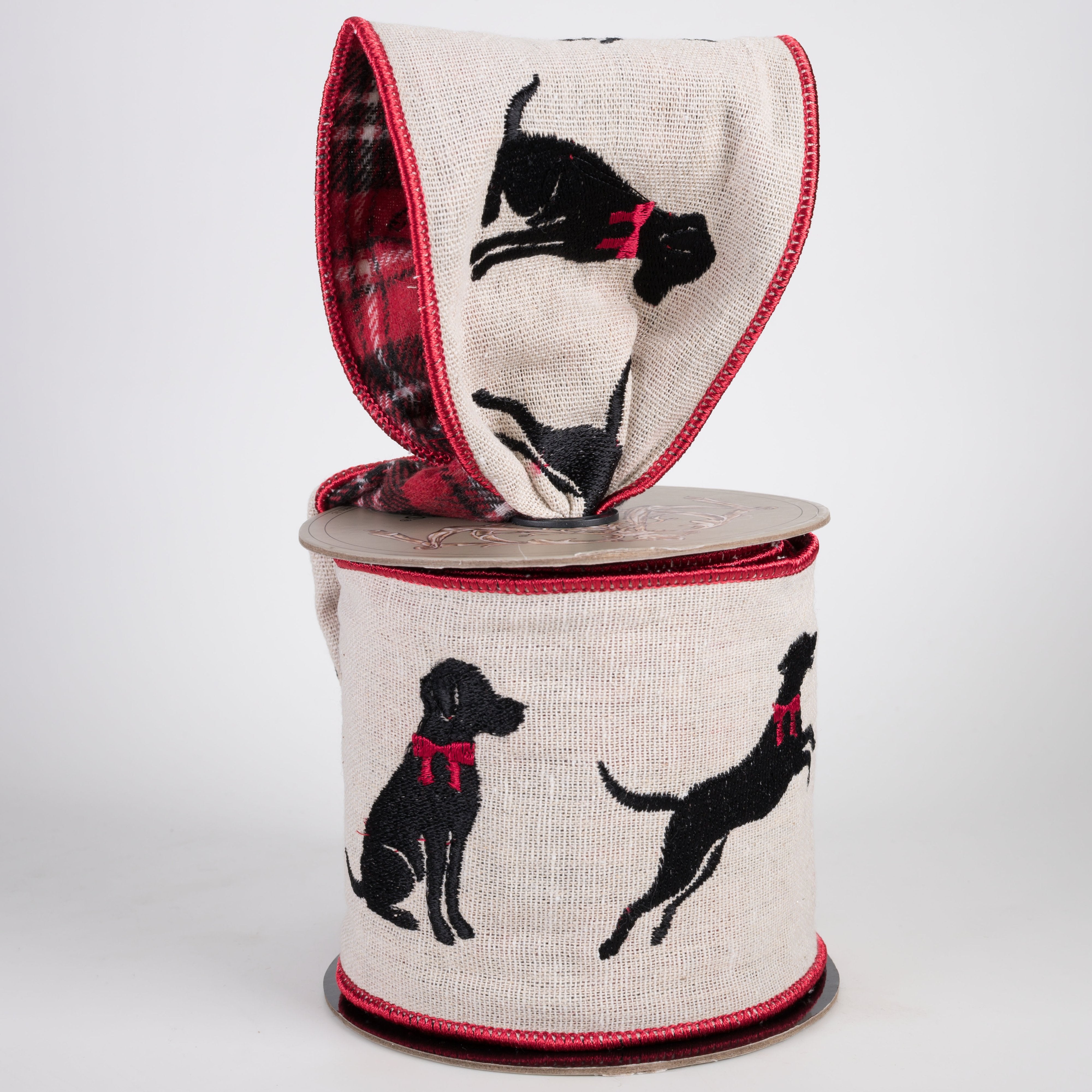 [D Stevens] 4" Linen Embroidered Black Lab & Red Bow Ribbon: Plaid Back (5 Yards) Lifestyle Photo