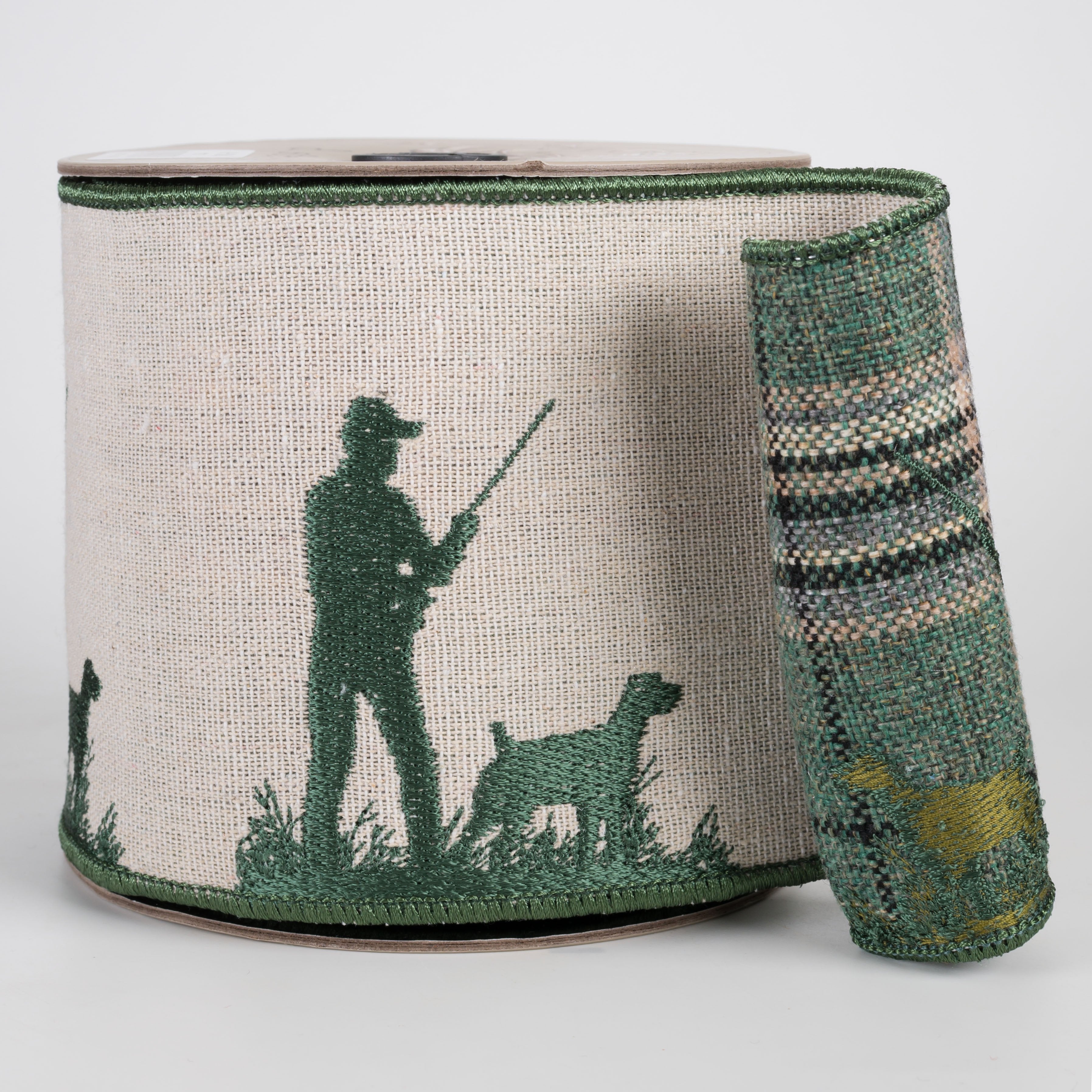[D Stevens] 4" Linen Embroidered Hunter and Dog Ribbon: Plaid Back (5 Yards) Item Number: 18-5046