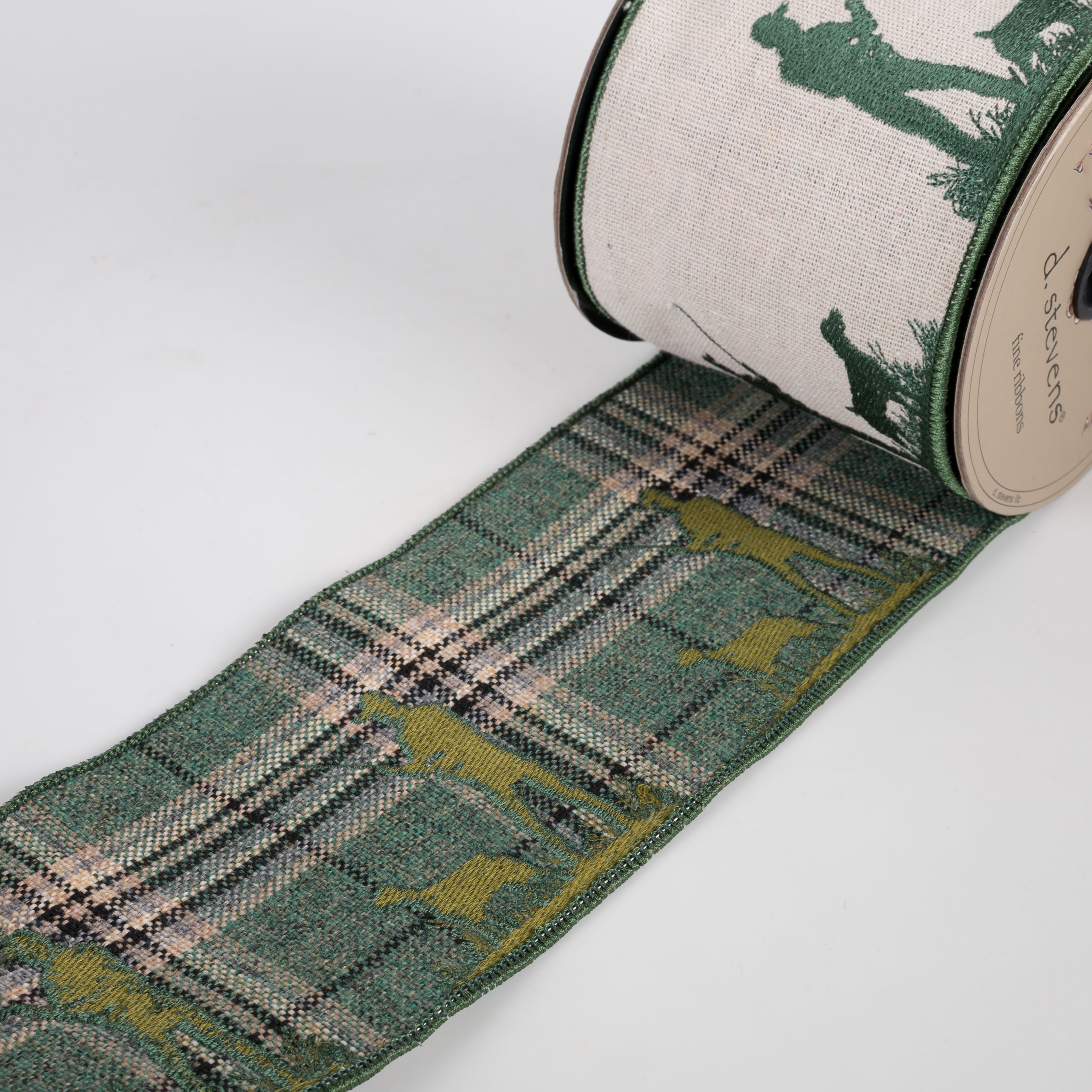 [D Stevens] 4" Linen Embroidered Hunter and Dog Ribbon: Plaid Back (5 Yards) detail photo 3