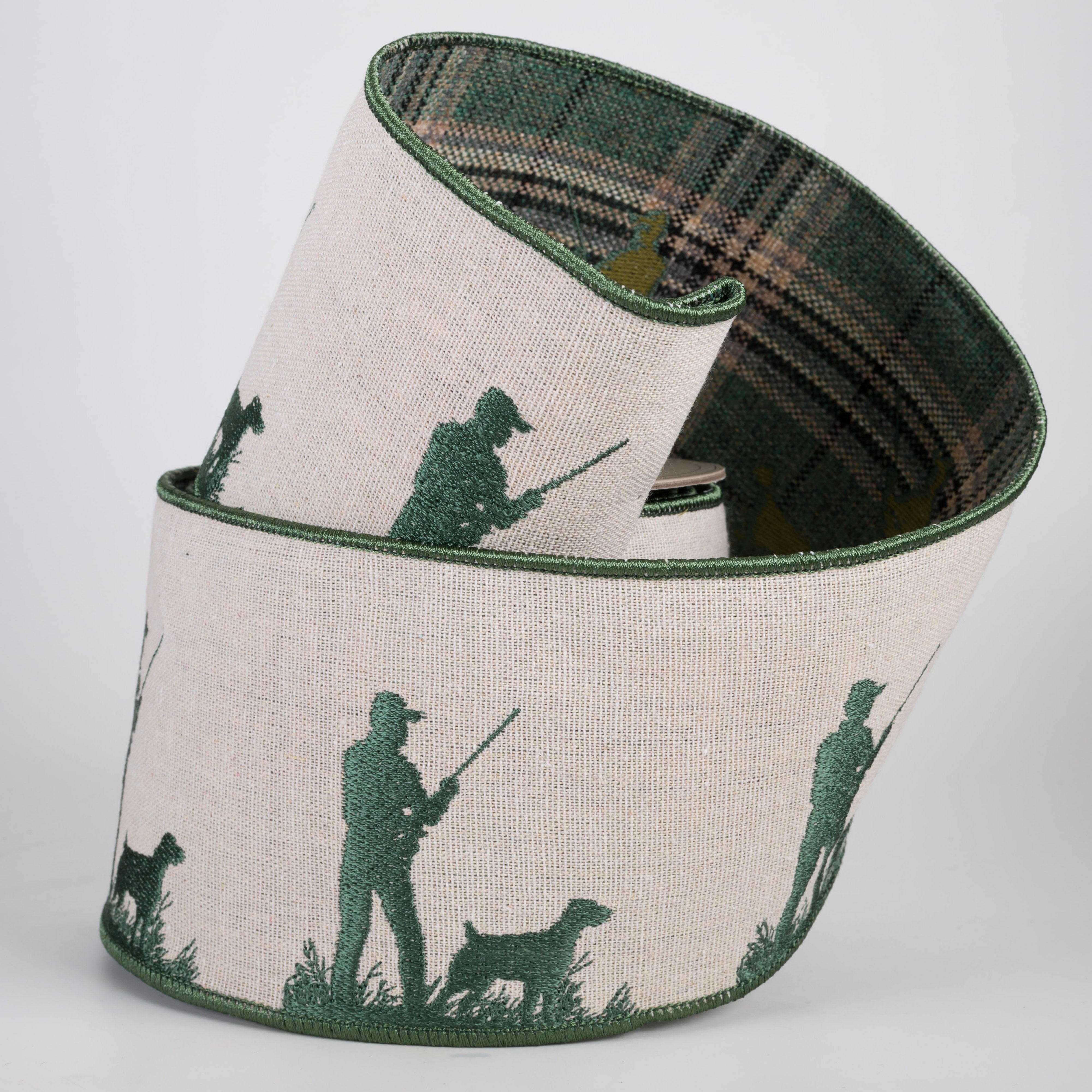 [D Stevens] 4" Linen Embroidered Hunter and Dog Ribbon: Plaid Back (5 Yards) Lifestyle Photo