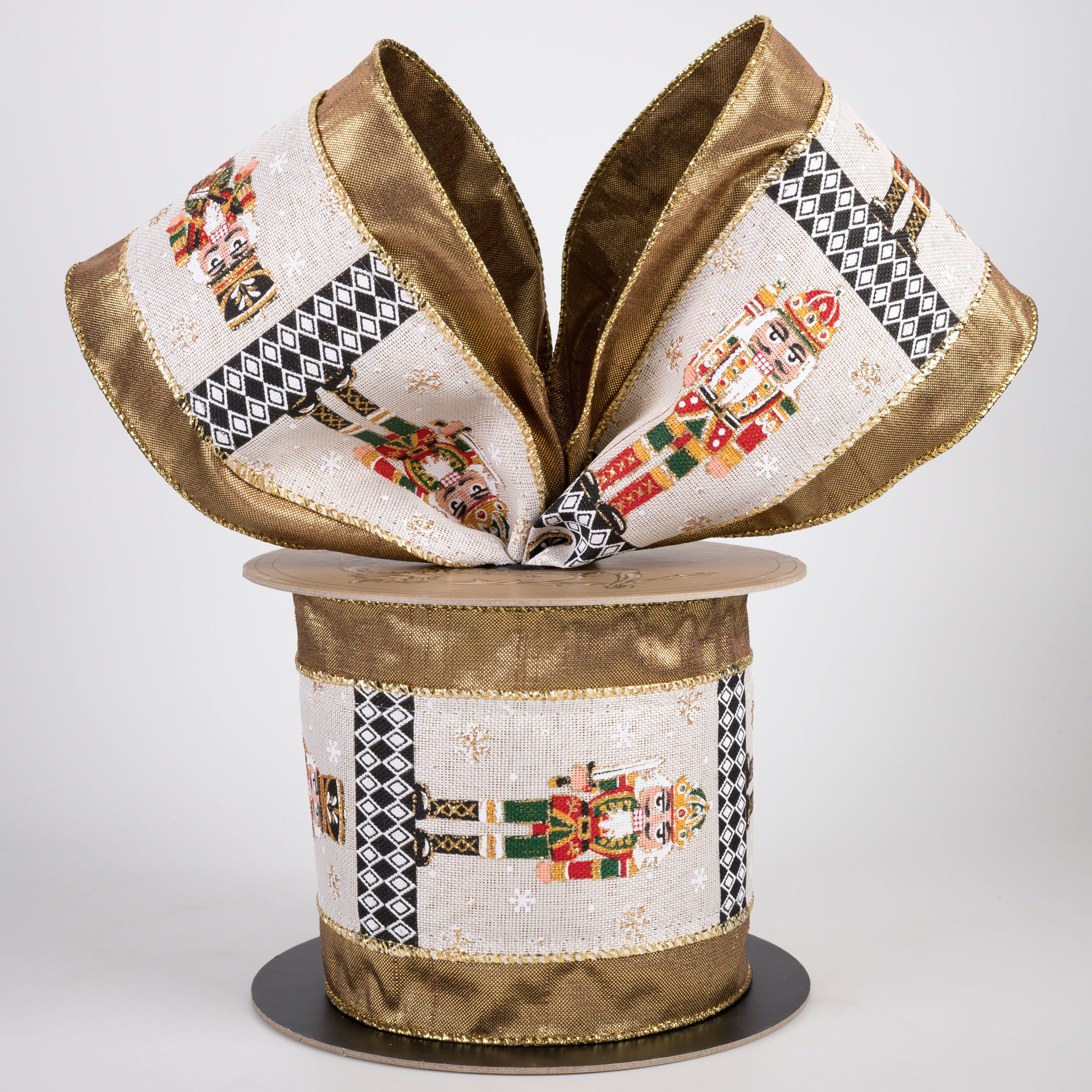 [D Stevens] 4" Linen Nutcracker Metallic Border Ribbon: Gold (10 Yards) Lifestyle Photo