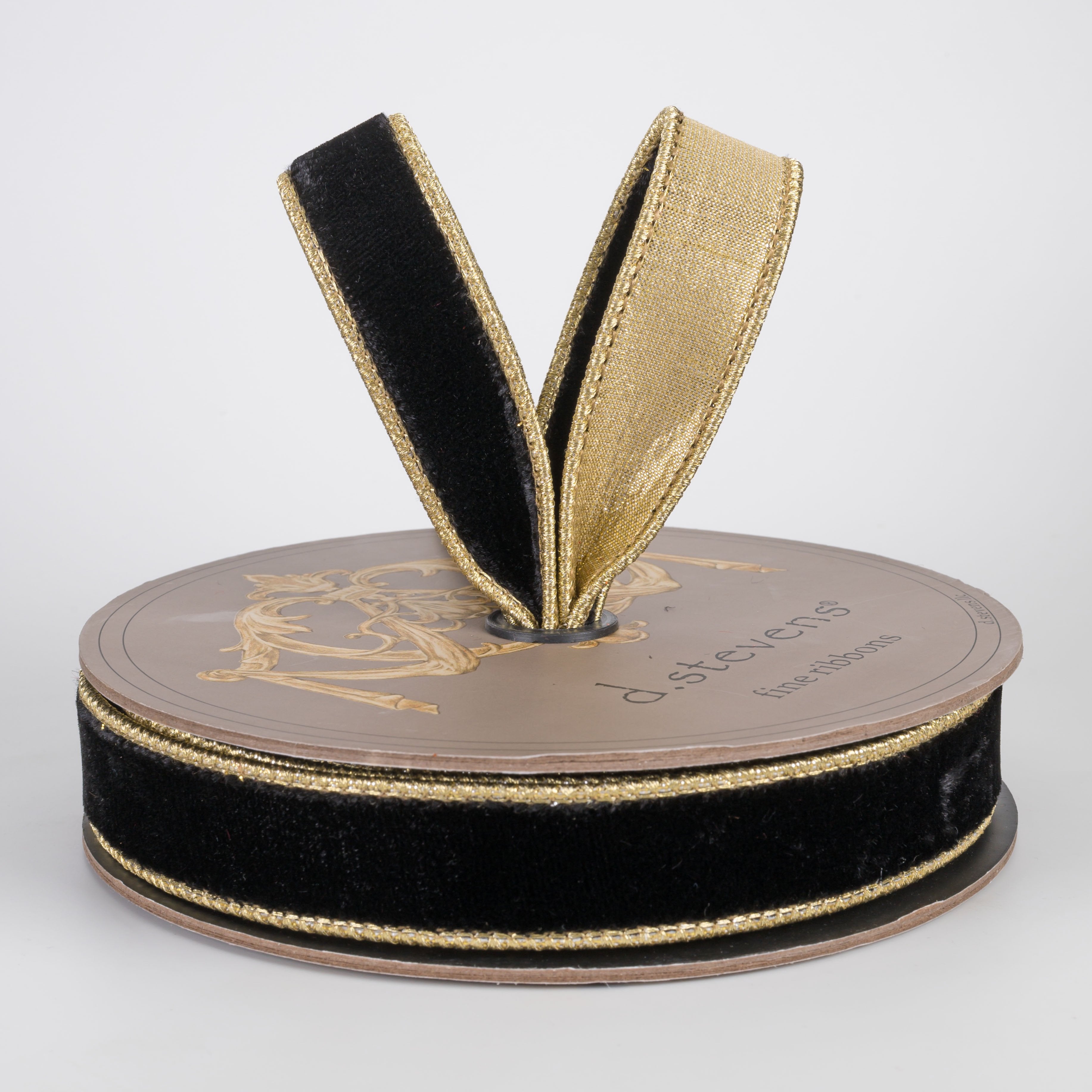 [D Stevens] 1" Lush Velvet Light Gold Back Ribbon: Black (10 Yards) Lifestyle Photo