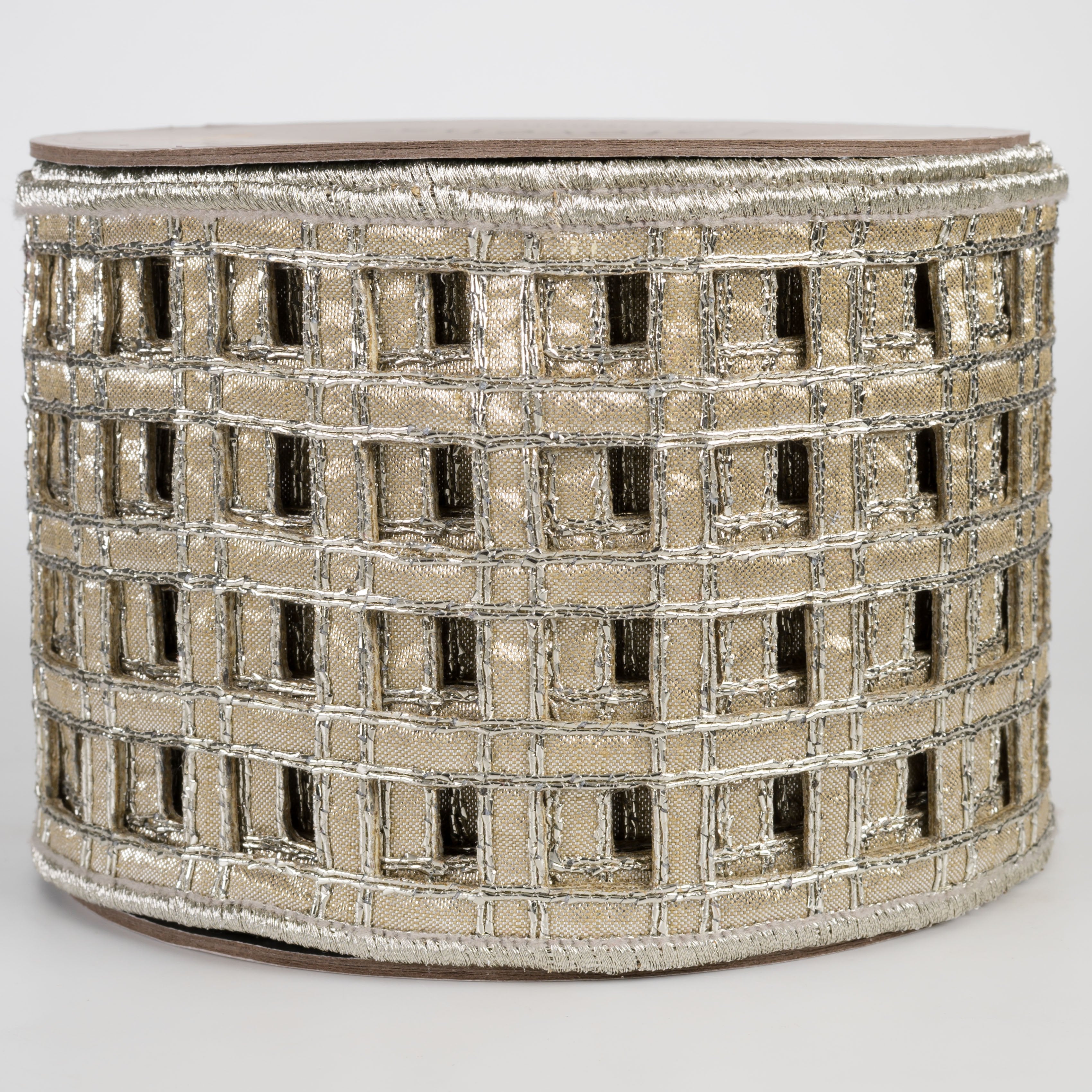 [D Stevens] 4" Metallic Dupioni Clairvaux Windowpane Trim Ribbon: Platinum (10 Yards) Item Number: 05-1502