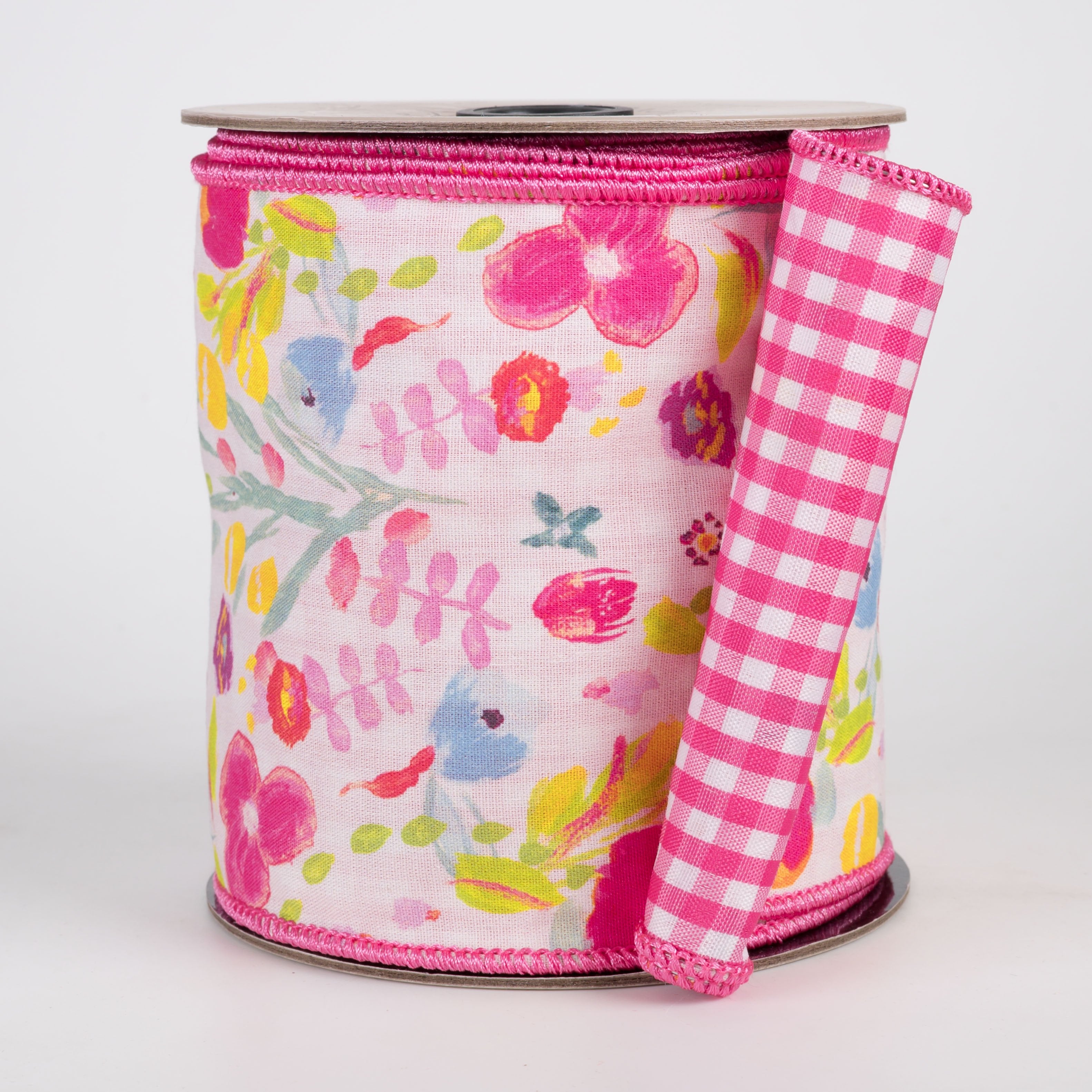 [D Stevens] 4" Poplin Artistic Floral Ribbon: Pink Gingham (10 Yards) Item Number: 18-4500