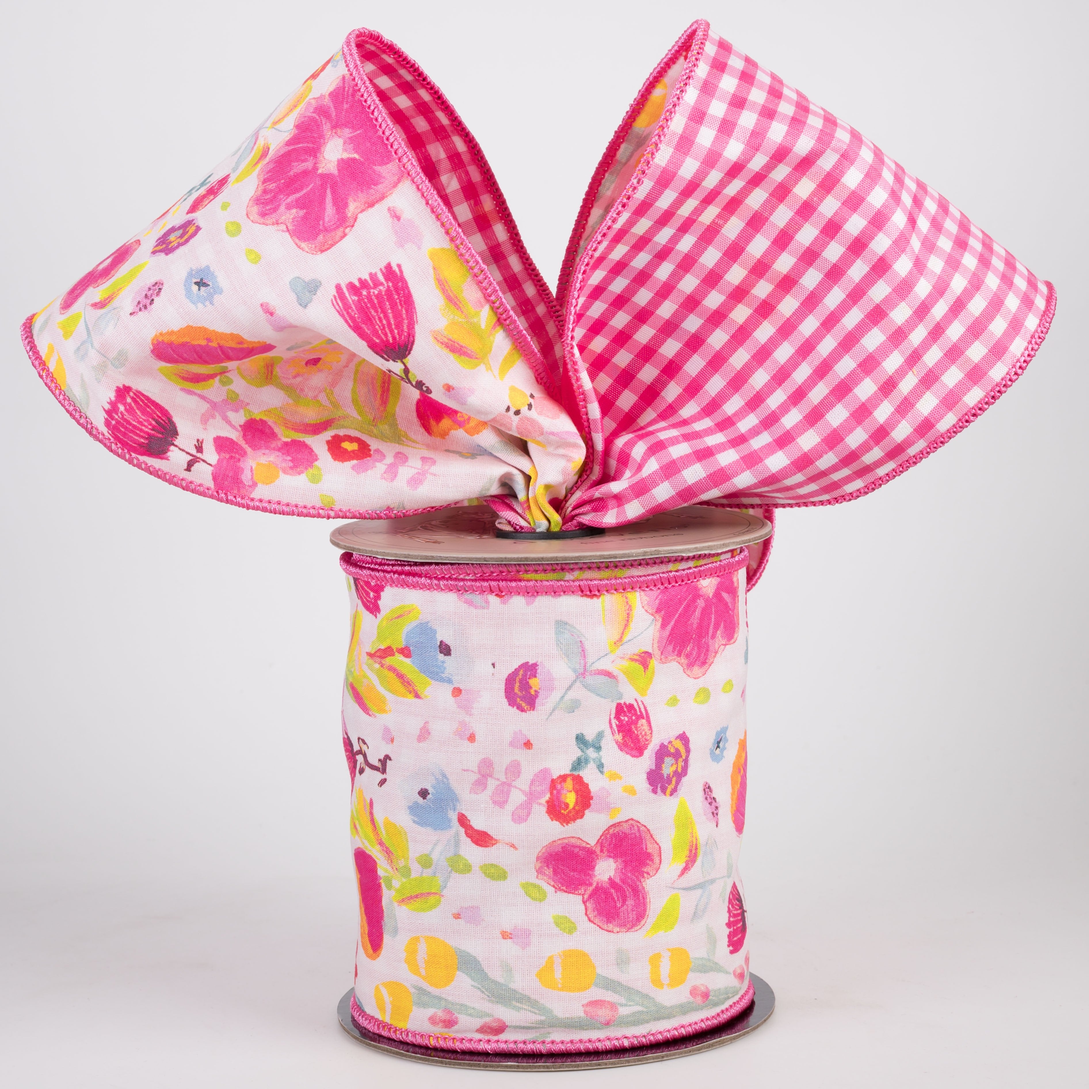[D Stevens] 4" Poplin Artistic Floral Ribbon: Pink Gingham (10 Yards) Lifestyle Photo