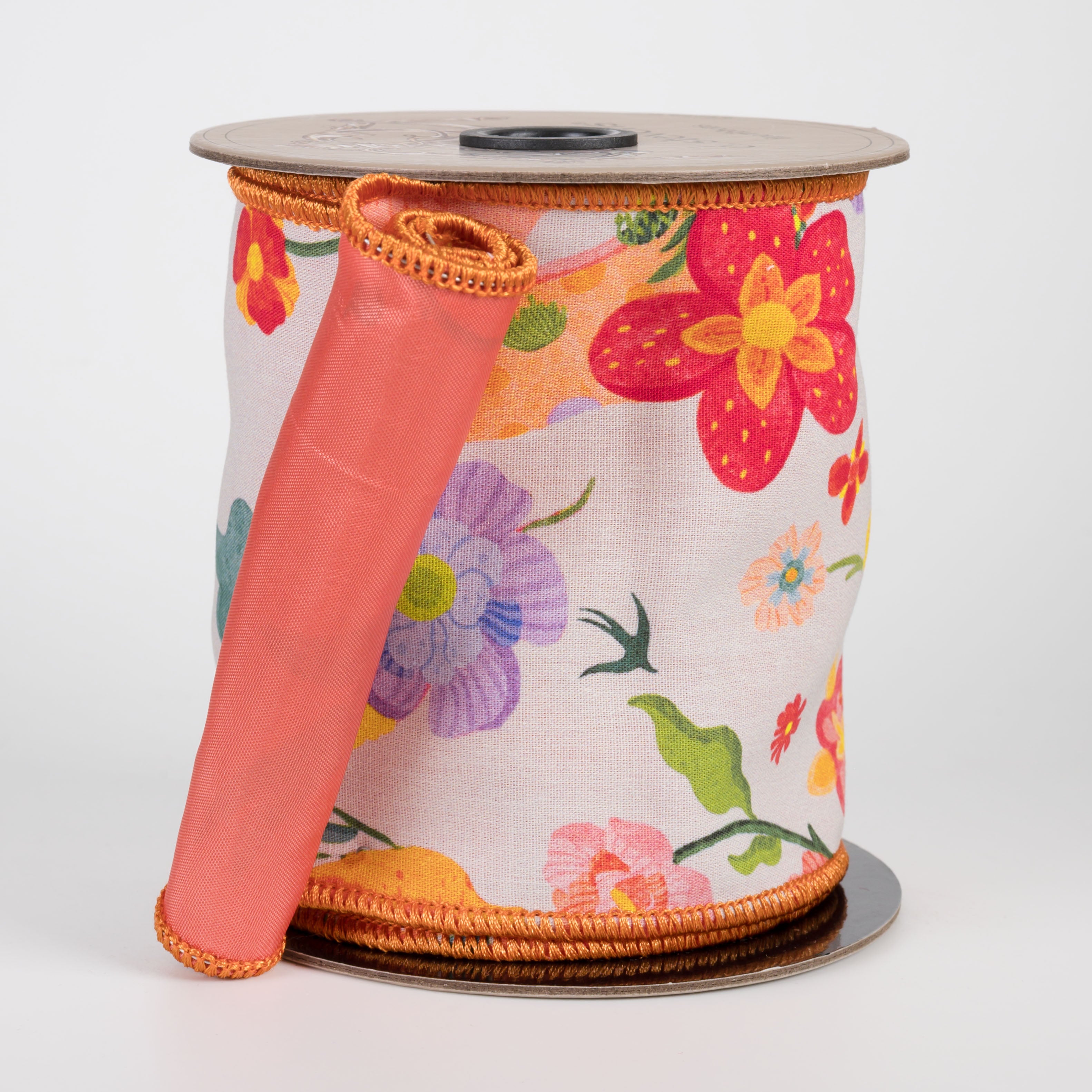 [D Stevens] 4" Poplin Scattered Mixed Flowers Ribbon: Coral (5 Yards) Item Number: 18-4542