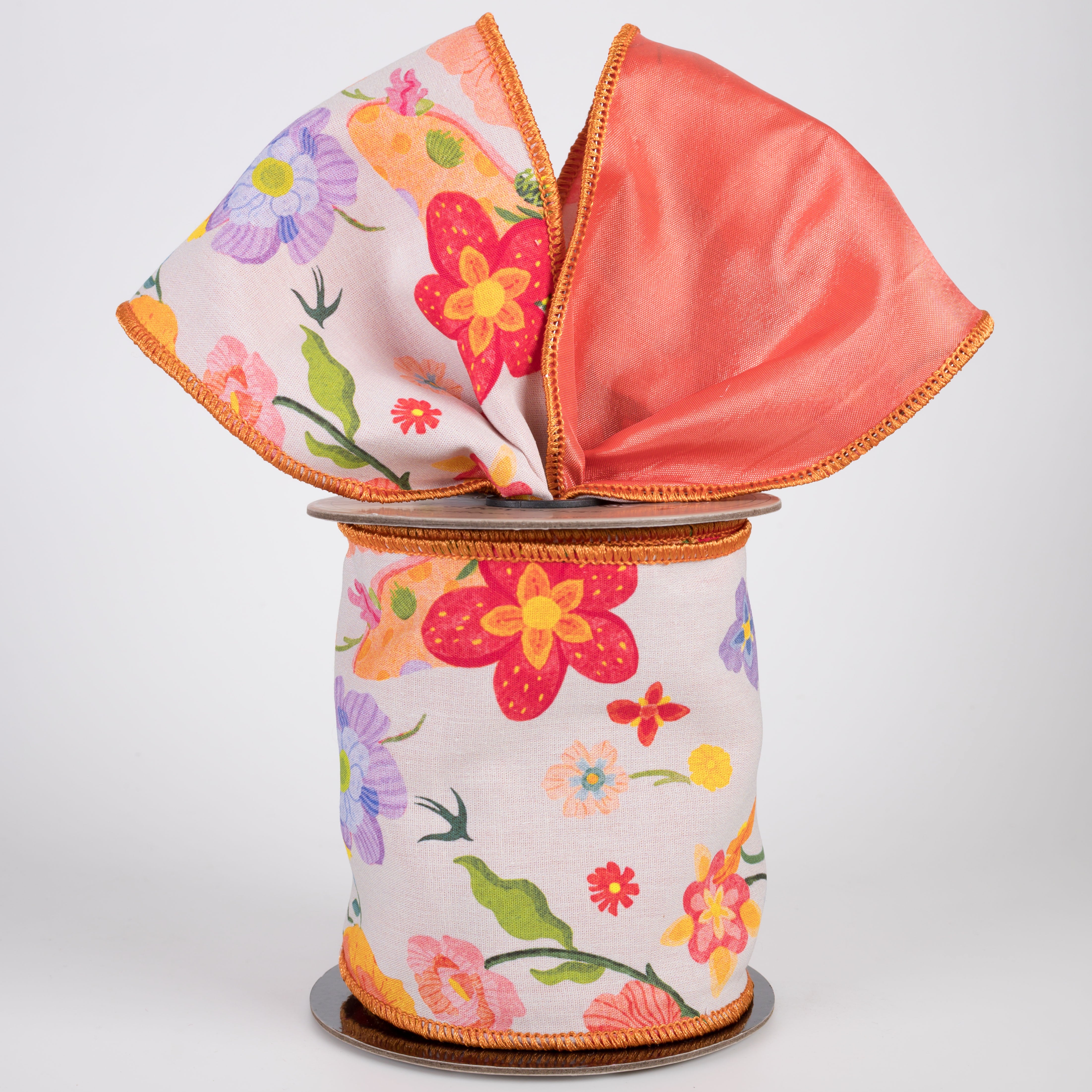 [D Stevens] 4" Poplin Scattered Mixed Flowers Ribbon: Coral (5 Yards) Lifestyle Photo