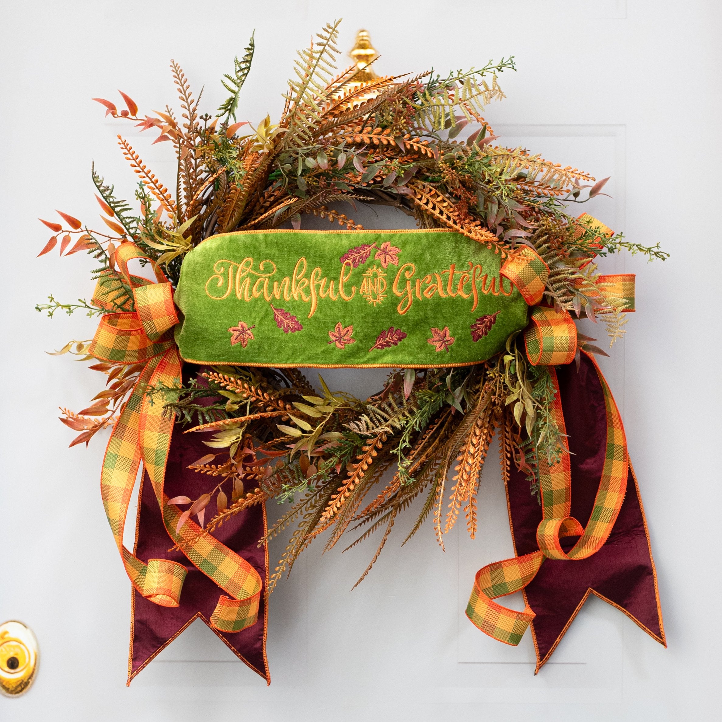 [D Stevens] 6" Satin Thankful and Grateful Embroidery Banner: Olive Green Lifestyle Photo
