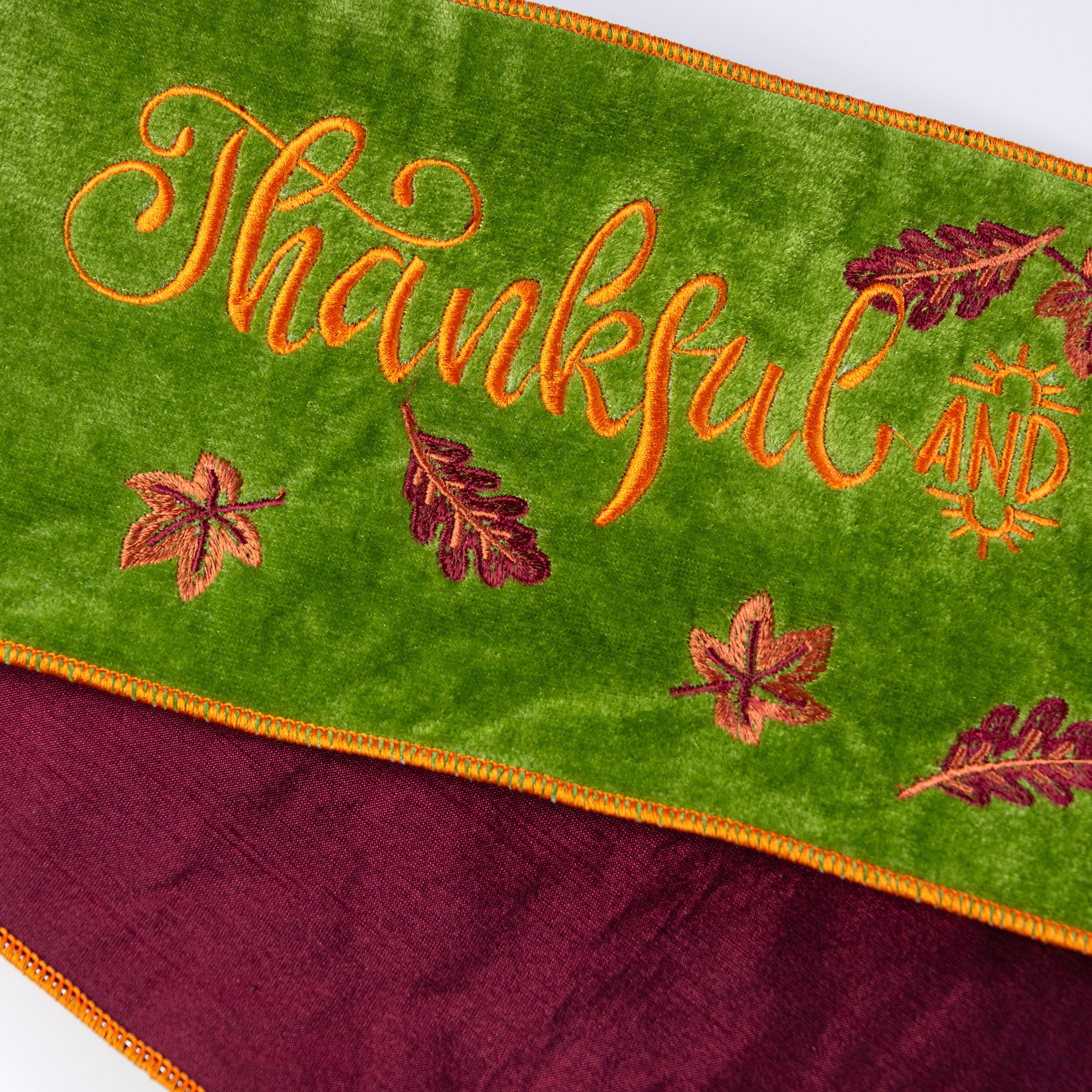 [D Stevens] 6" Satin Thankful and Grateful Embroidery Banner: Olive Green detail photo 3