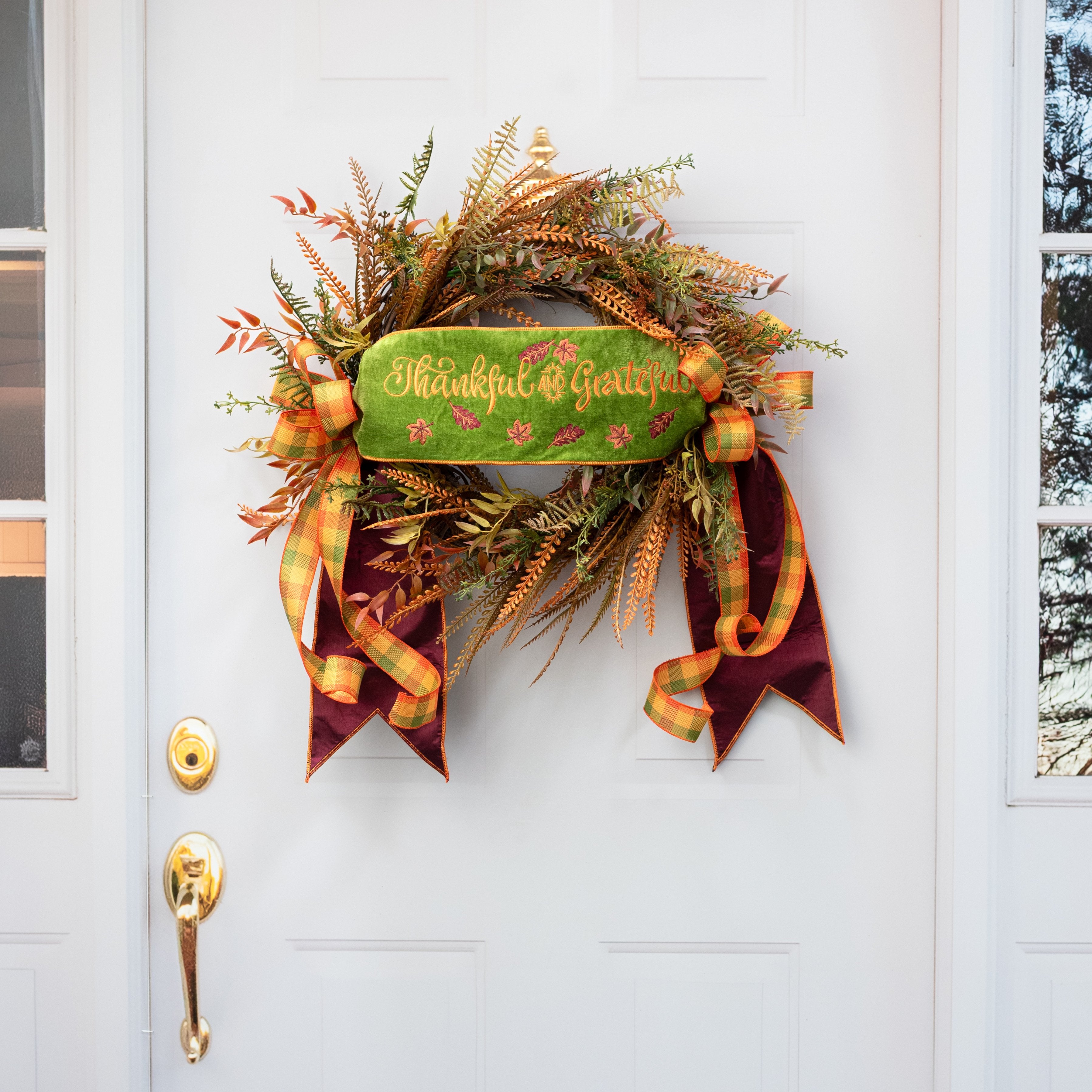 [D Stevens] 6" Satin Thankful and Grateful Embroidery Banner: Olive Green detail photo 4