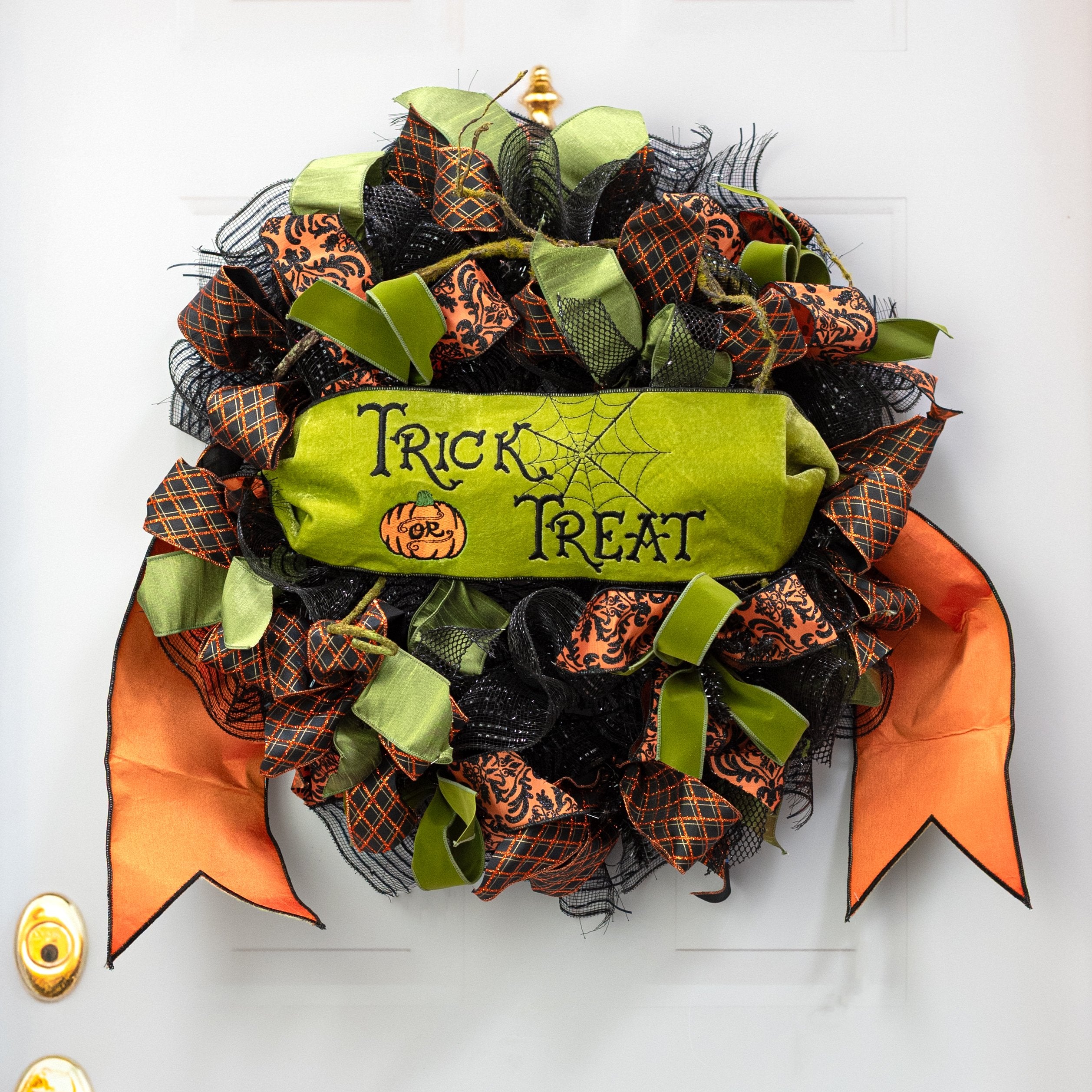 [D Stevens] 6" Satin Trick or Treat Embroidery Banner: Green & Orange Lifestyle Photo