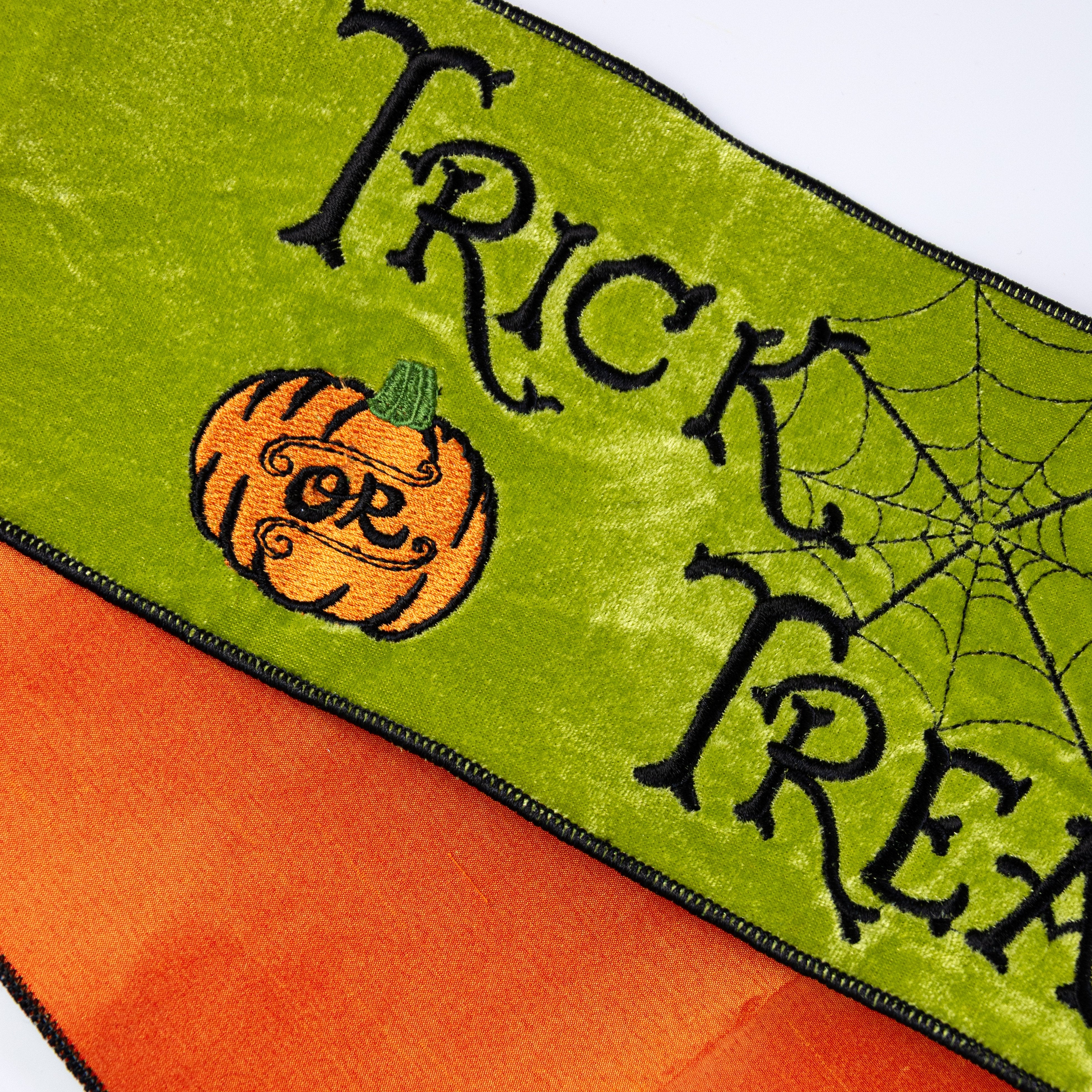 [D Stevens] 6" Satin Trick or Treat Embroidery Banner: Green & Orange detail photo 5