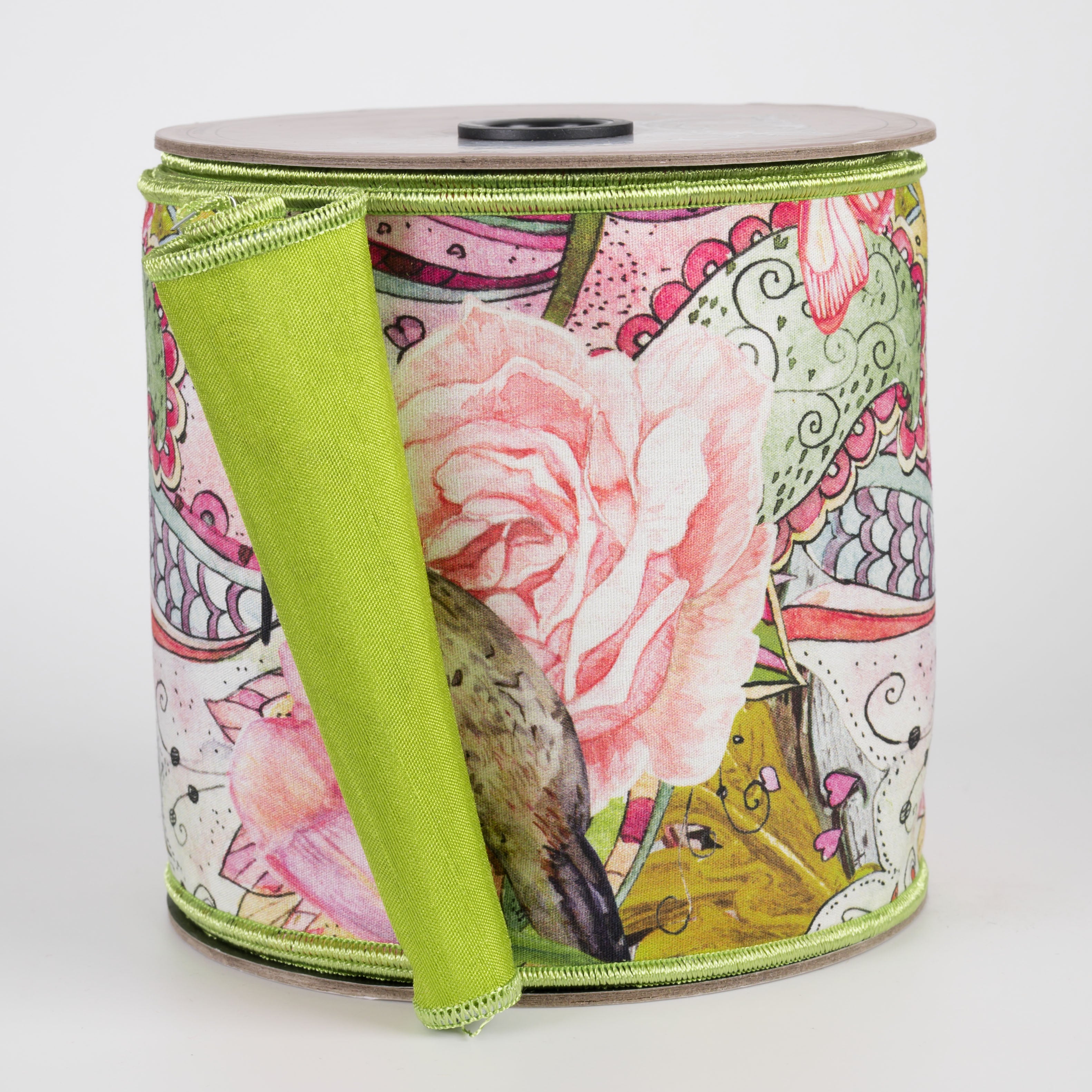 [D Stevens] 4" Taffeta Spring Floral Garden Hummingbird Ribbon: Lime (10 Yards) Item Number: 45-0278