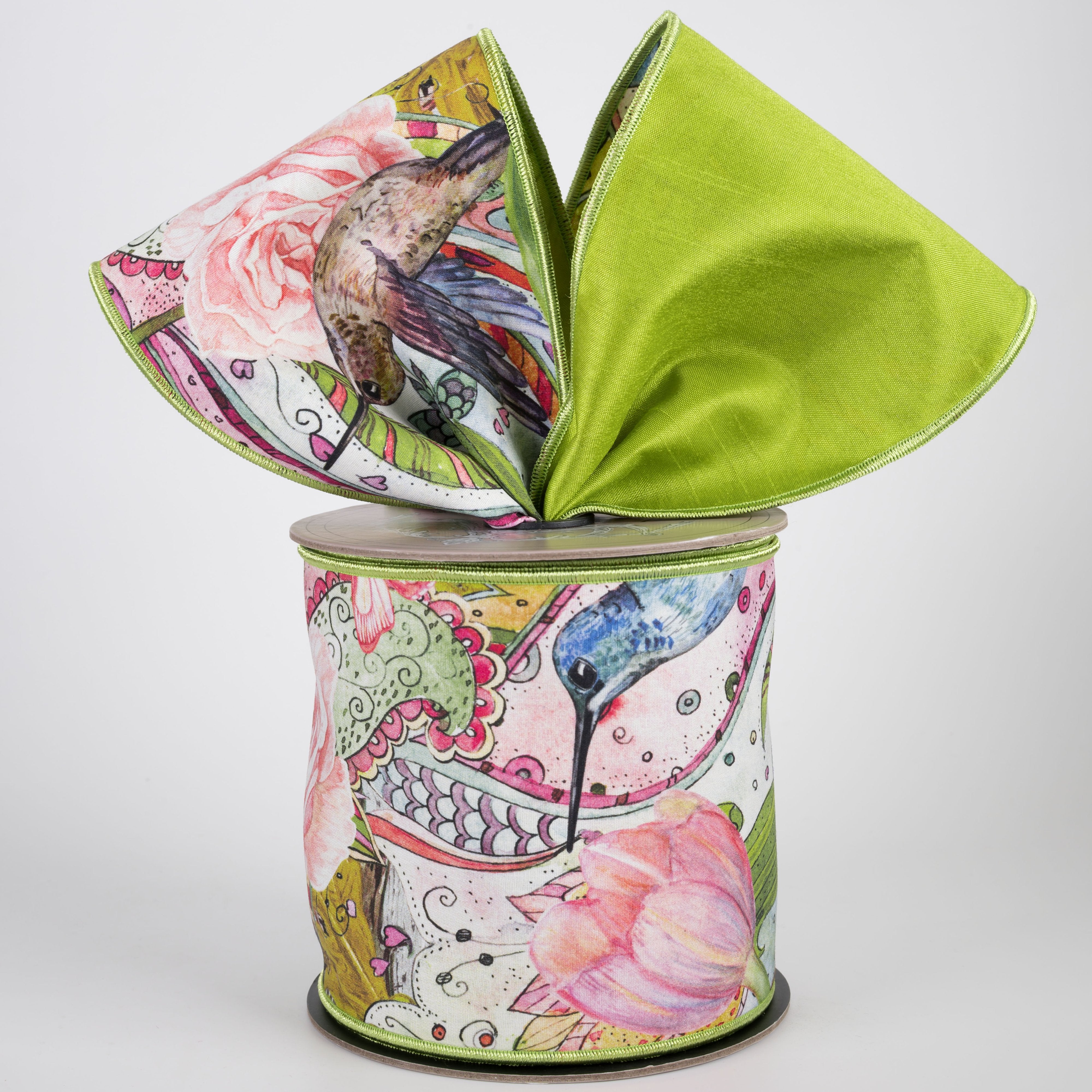 [D Stevens] 4" Taffeta Spring Floral Garden Hummingbird Ribbon: Lime (10 Yards) Lifestyle Photo