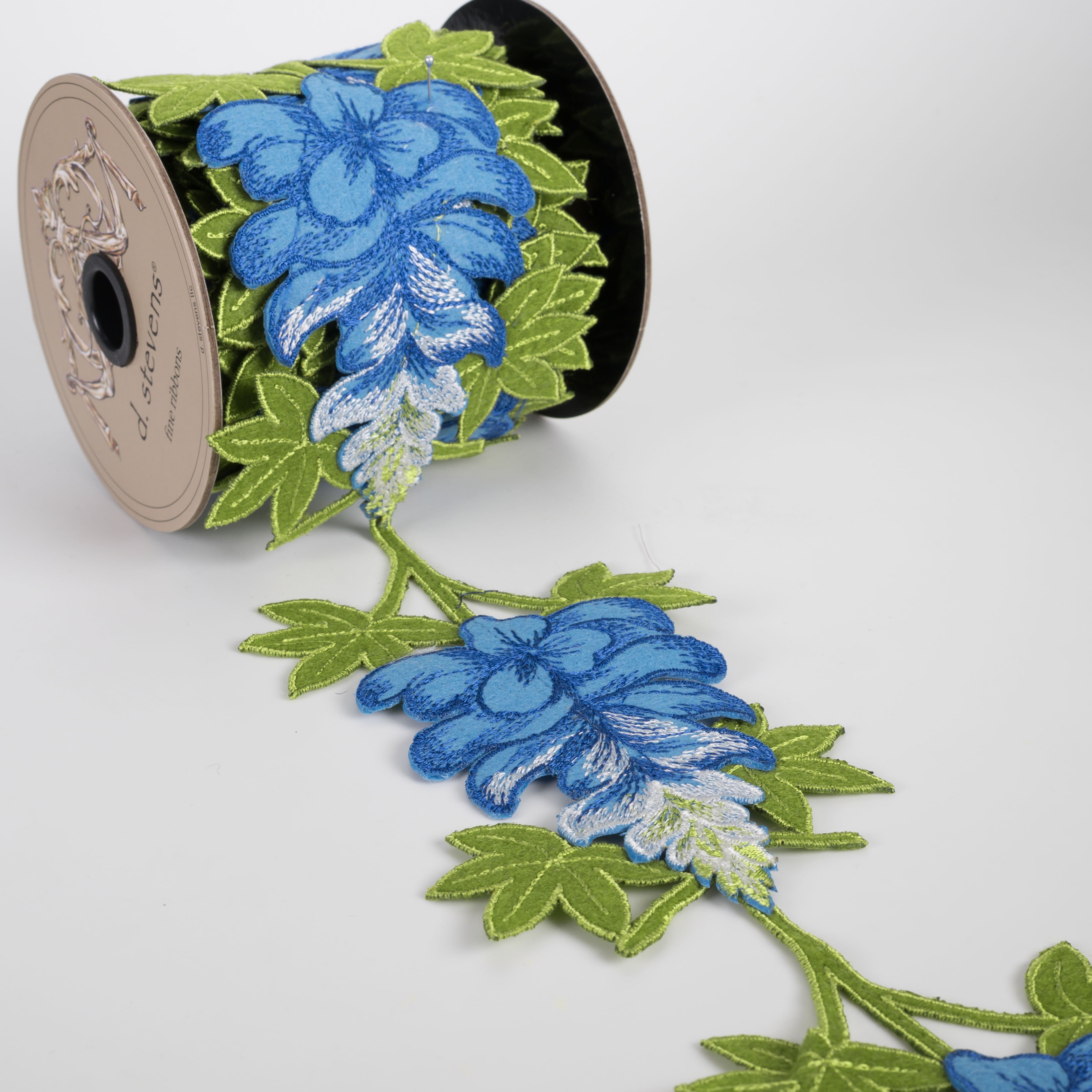 [D Stevens] 4" Unwired Embroidered Bluebonnets Ribbon Garland (5 Yards) Lifestyle Photo