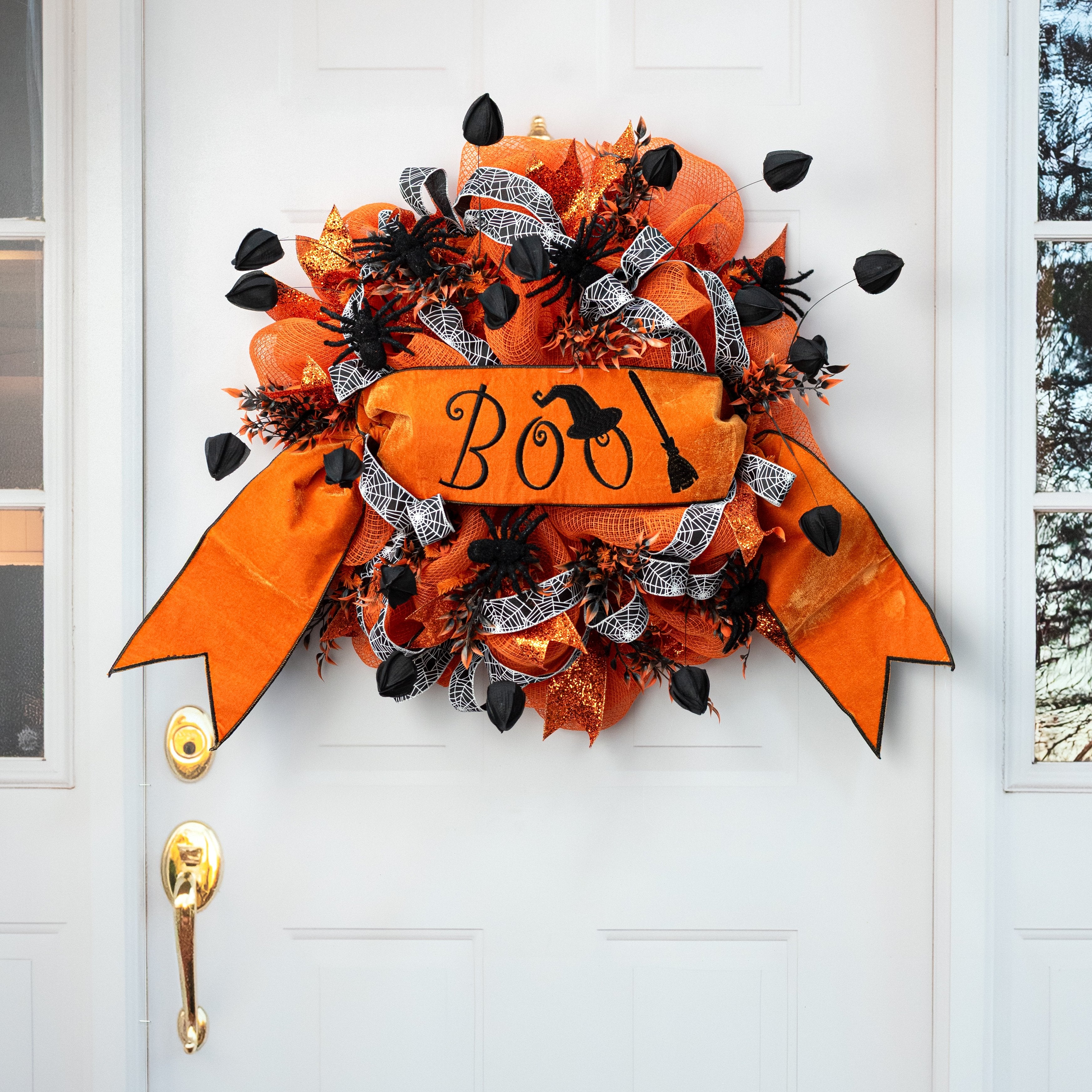 [D Stevens] 6" Velvet Boo Witch Embroidery Banner: Orange & Black detail photo 4
