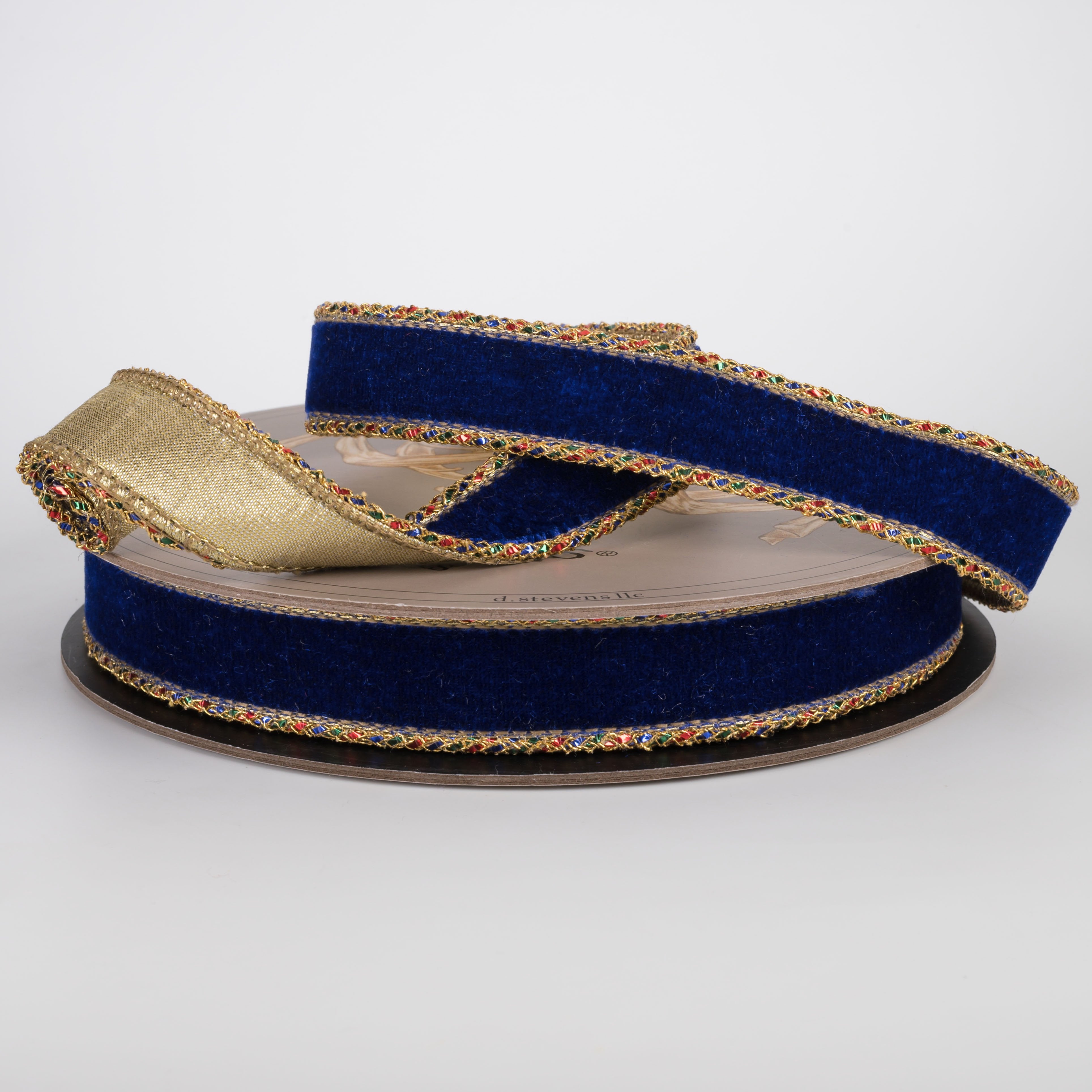[D Stevens] 1" Velvet Gold Backed Braided Trim Ribbon: Nutcracker Blue (10 Yards) Lifestyle Photo