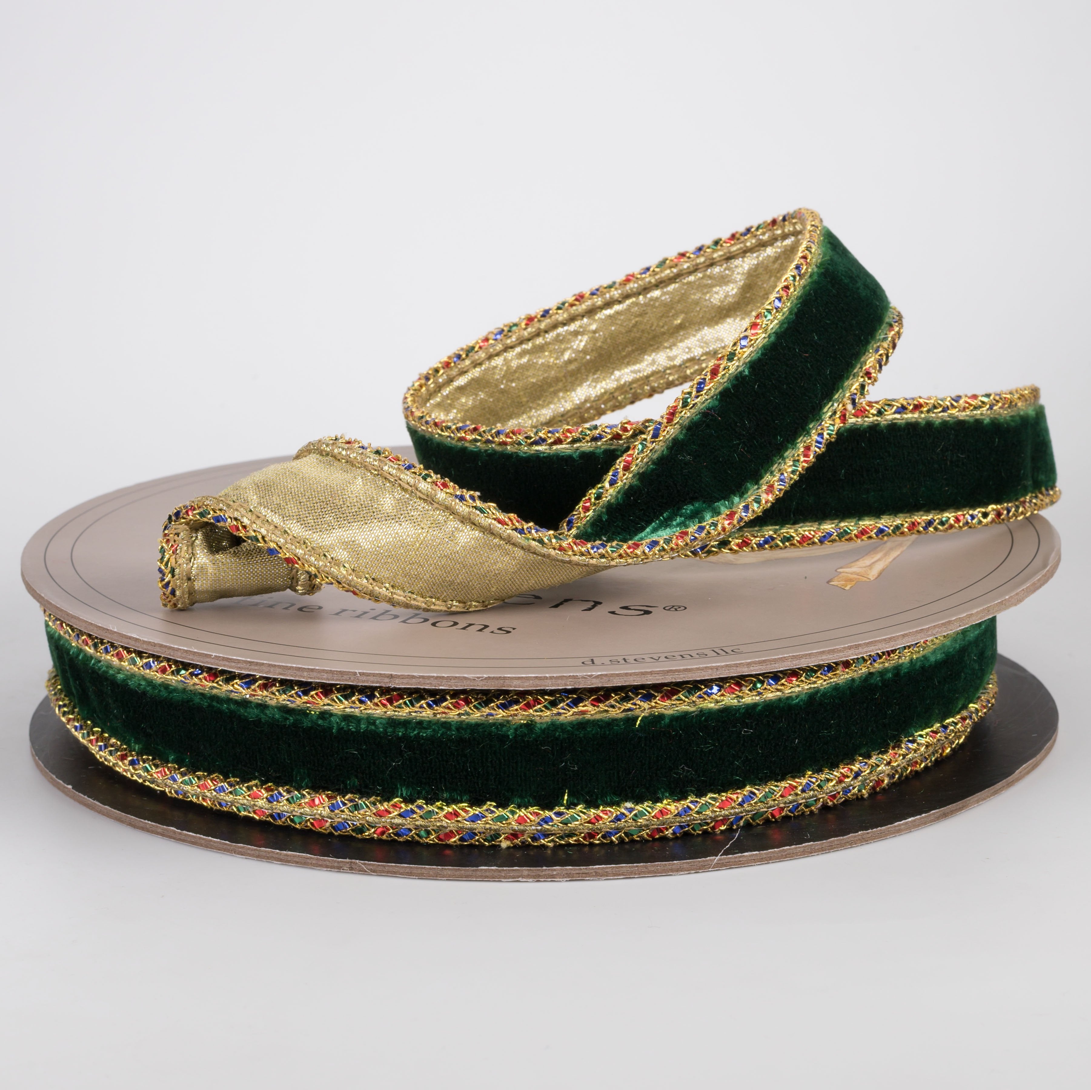 [D Stevens] 1" Velvet Gold Backed Braided Trim Ribbon: Nutcracker Green (10 Yards) Lifestyle Photo