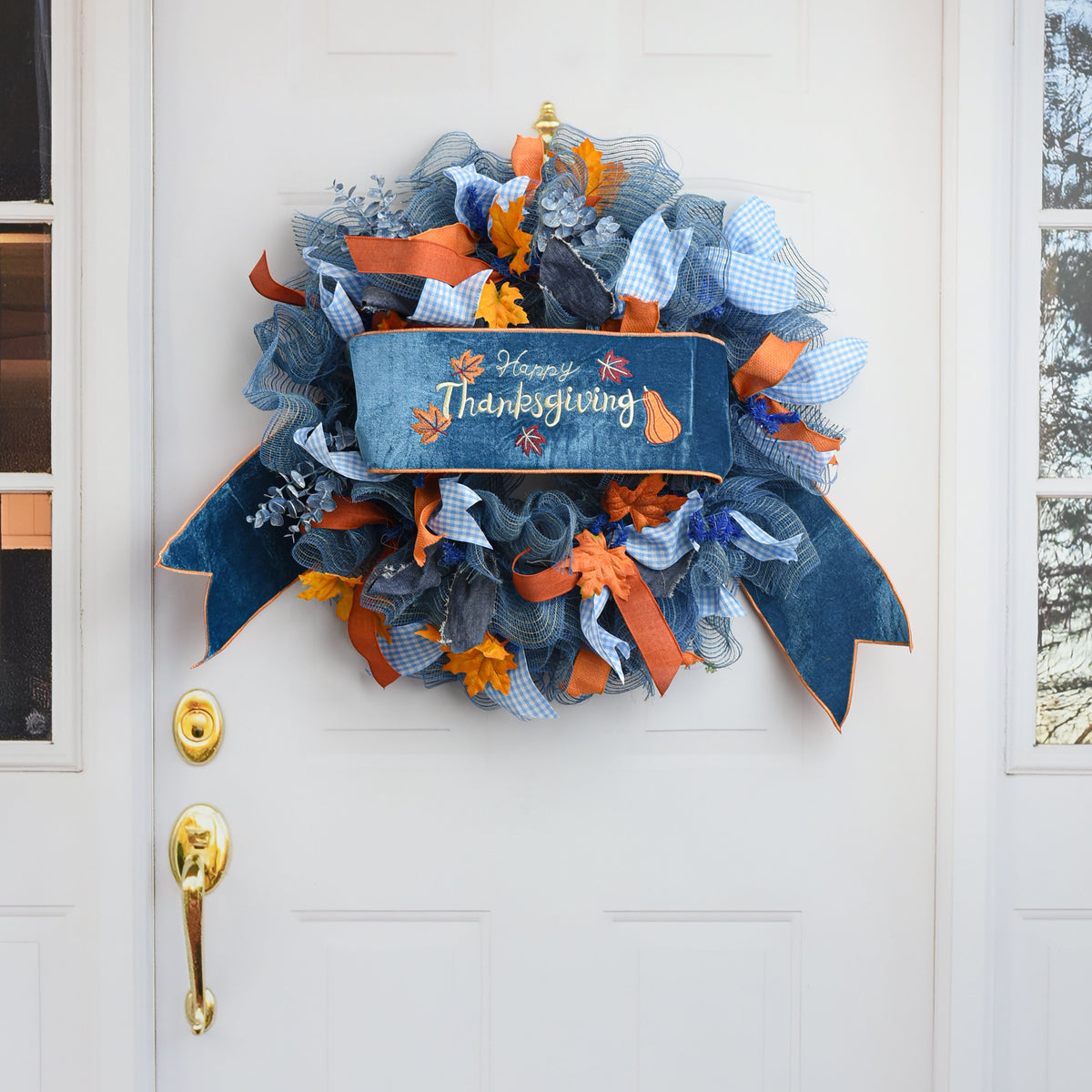 [D Stevens] 6" Velvet Happy Thanksgiving Embroidery Banner: Blue & Orange Lifestyle Photo