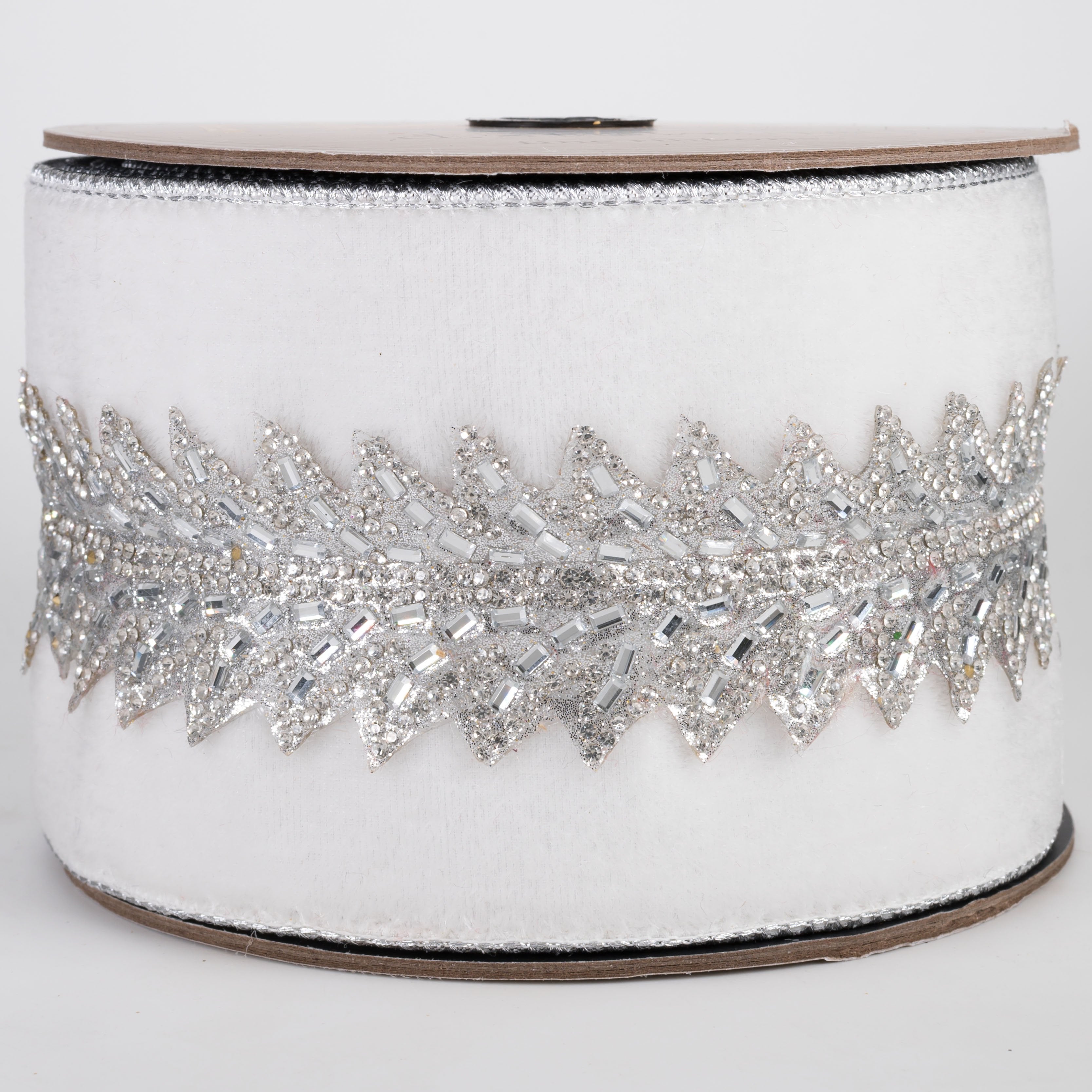 [D Stevens] 4" Velvet & Jewels Art Deco Trim Ribbon: Winter White & Silver (5 Yards) Item Number: 05-2350