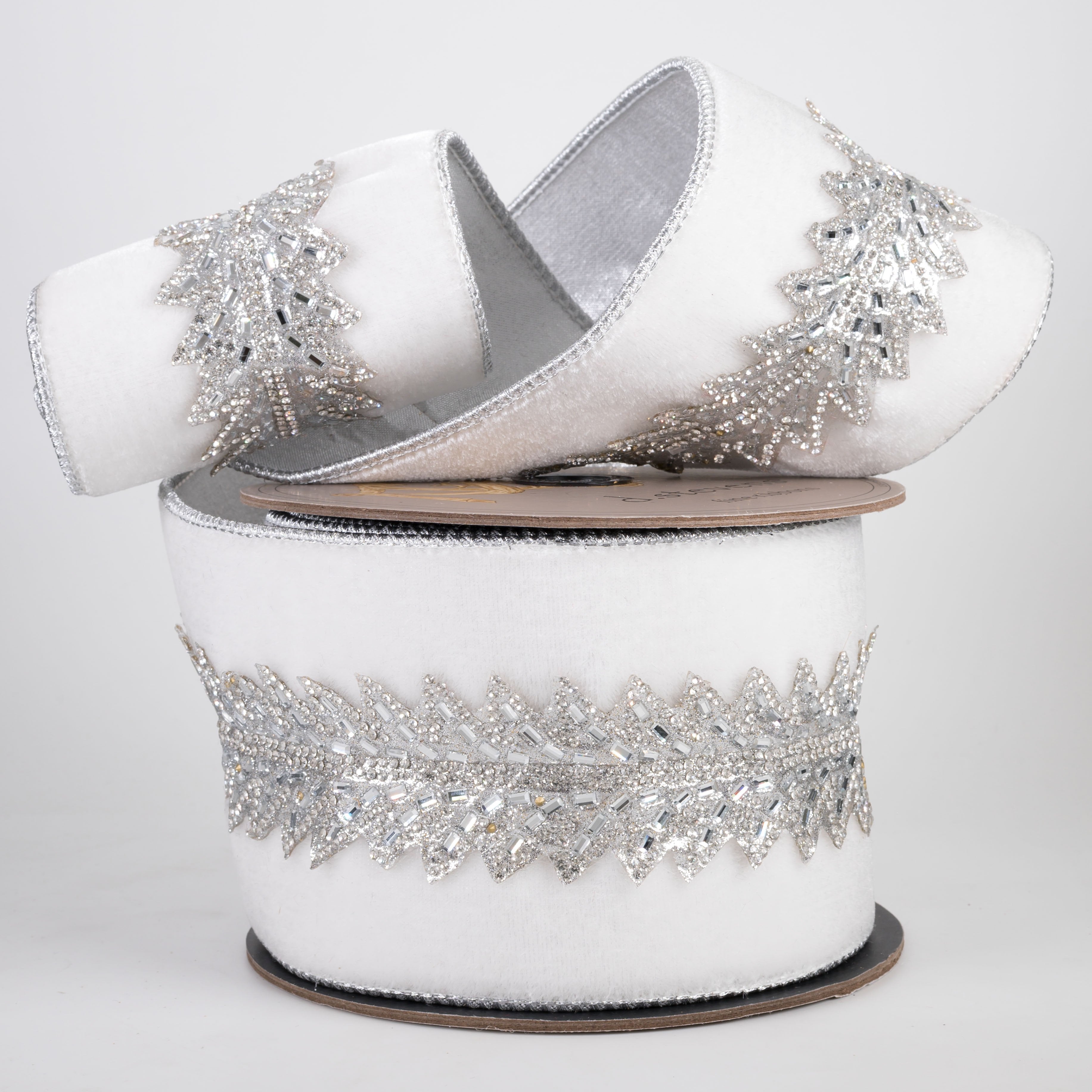 [D Stevens] 4" Velvet & Jewels Art Deco Trim Ribbon: Winter White & Silver (5 Yards) Lifestyle Photo