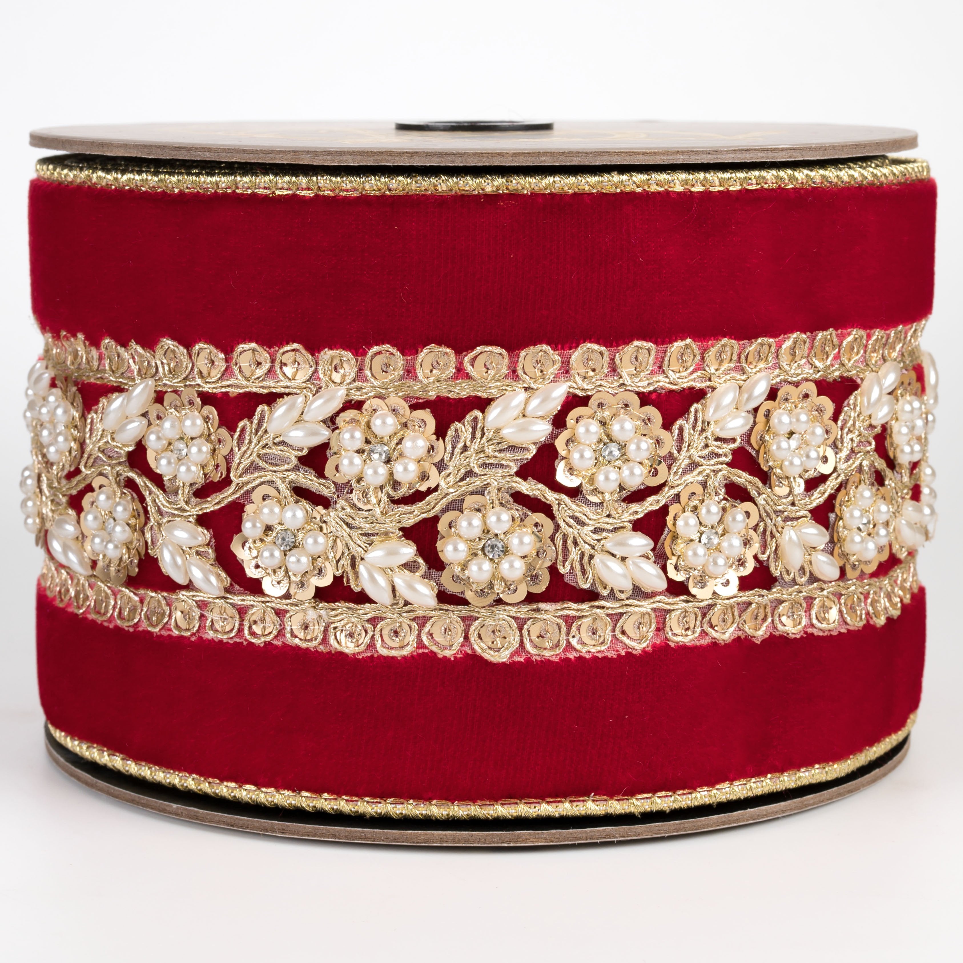 [D Stevens] 4" Velvet Sequin & Pearl Center Trim Ribbon: Red & Gold (5 Yards) Item Number: 05-2094