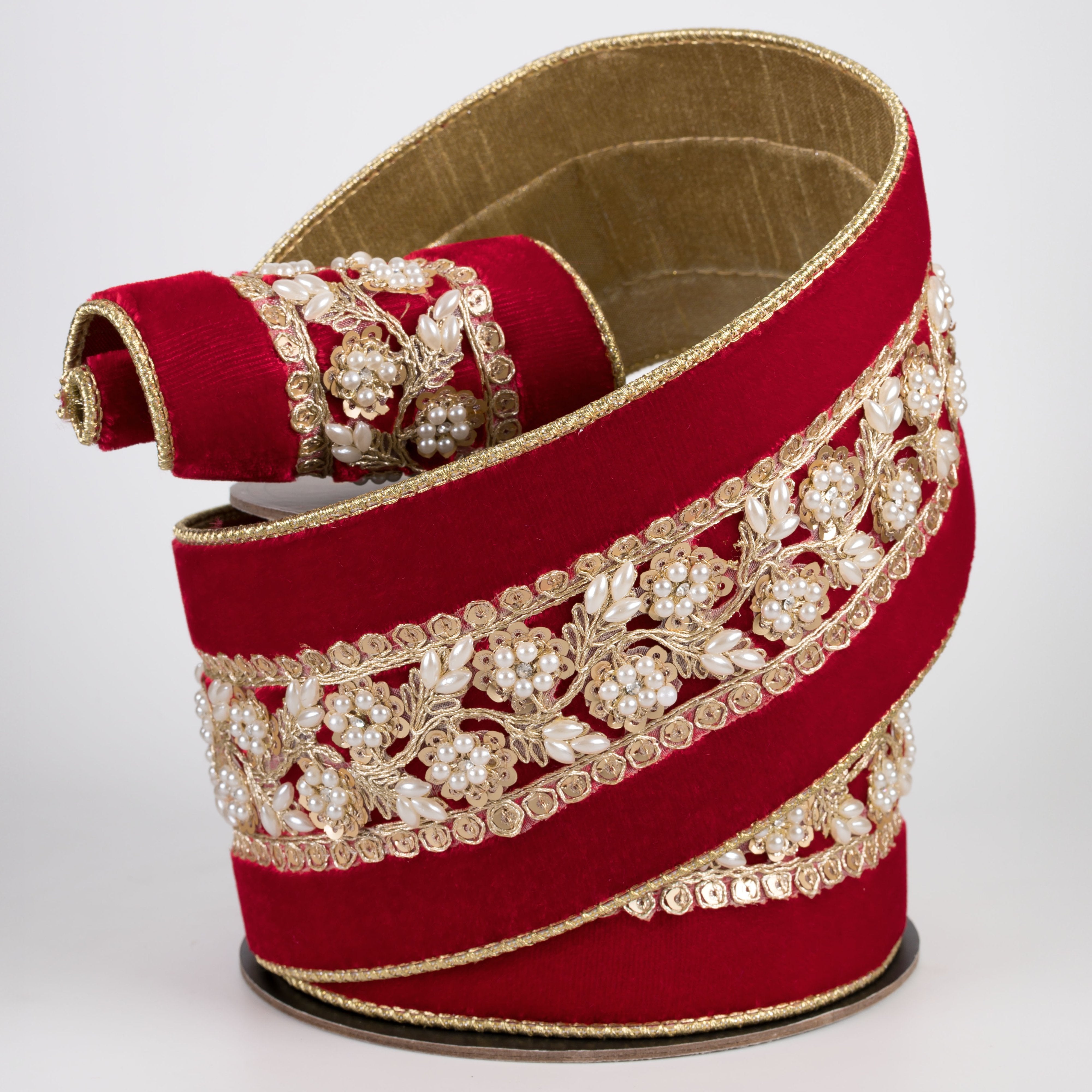 [D Stevens] 4" Velvet Sequin & Pearl Center Trim Ribbon: Red & Gold (5 Yards) Lifestyle Photo