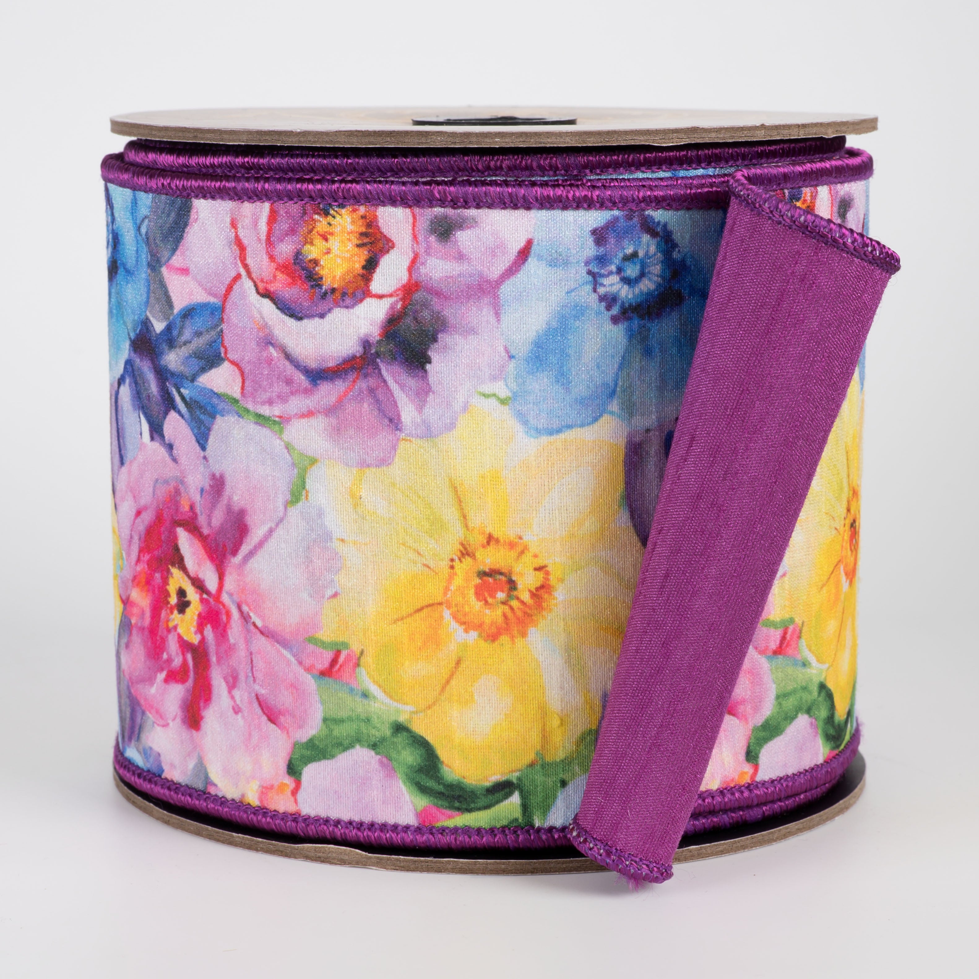 [D Stevens] 4" Watercolor Florals on Dupioni Ribbon: Purple (10 Yards) Item Number: 05-1553
