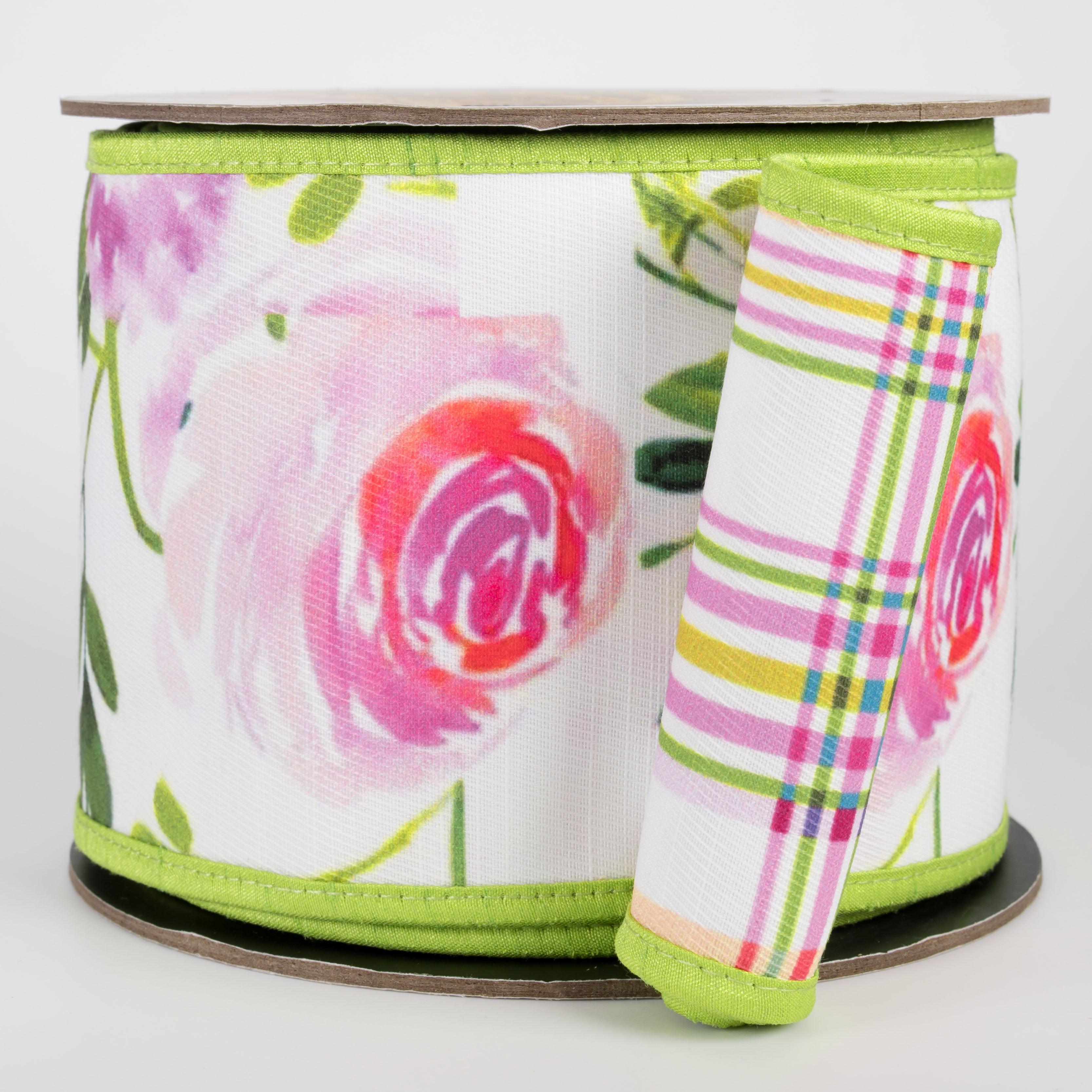 [D Stevens] 4" Watercolor Florals on Poplin Spring Plaid Ribbon (10 Yards) Item Number: 87-1665