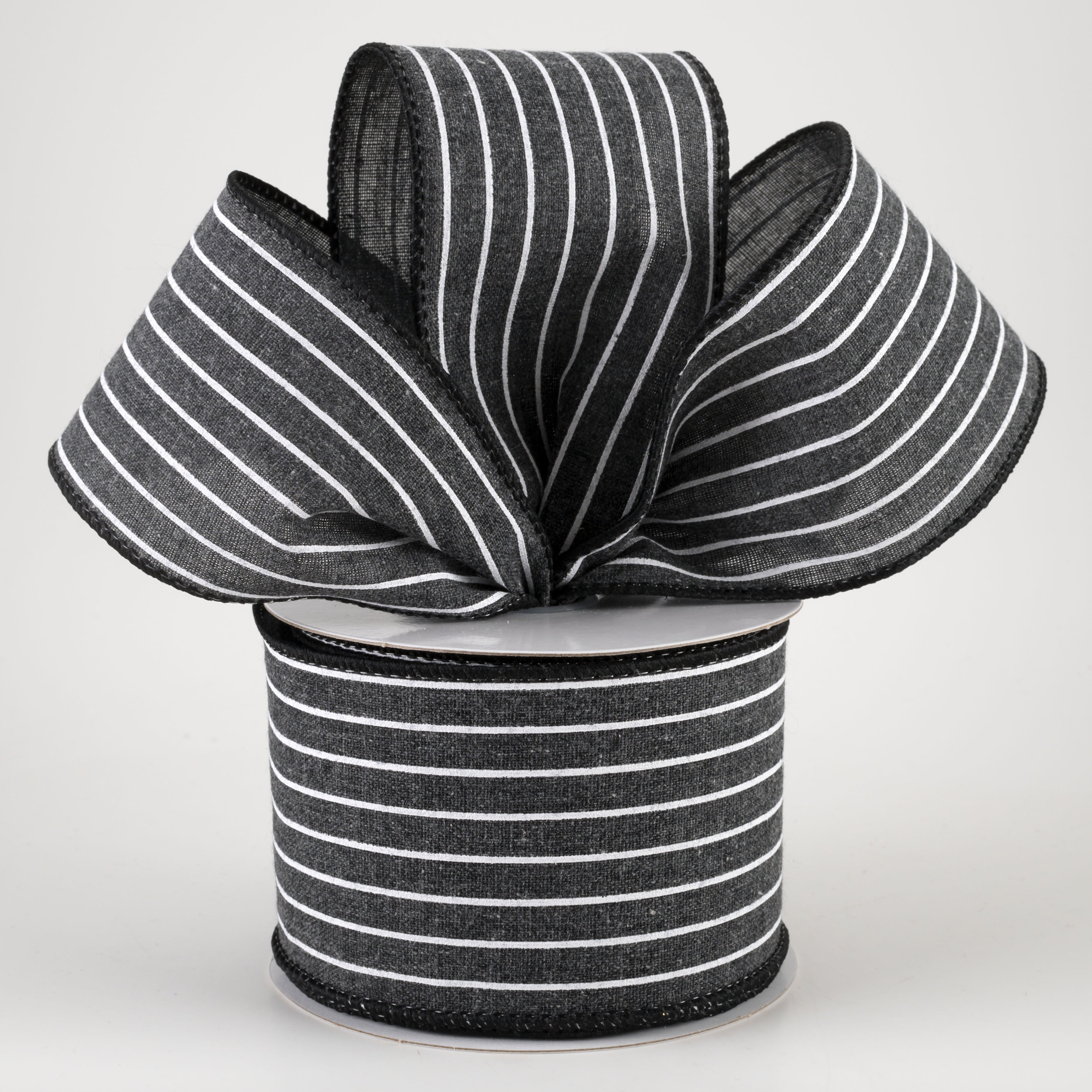 2.5" Stiff Linen Cabana Pinstripe Ribbon: Black (10 Yards) Lifestyle Photo