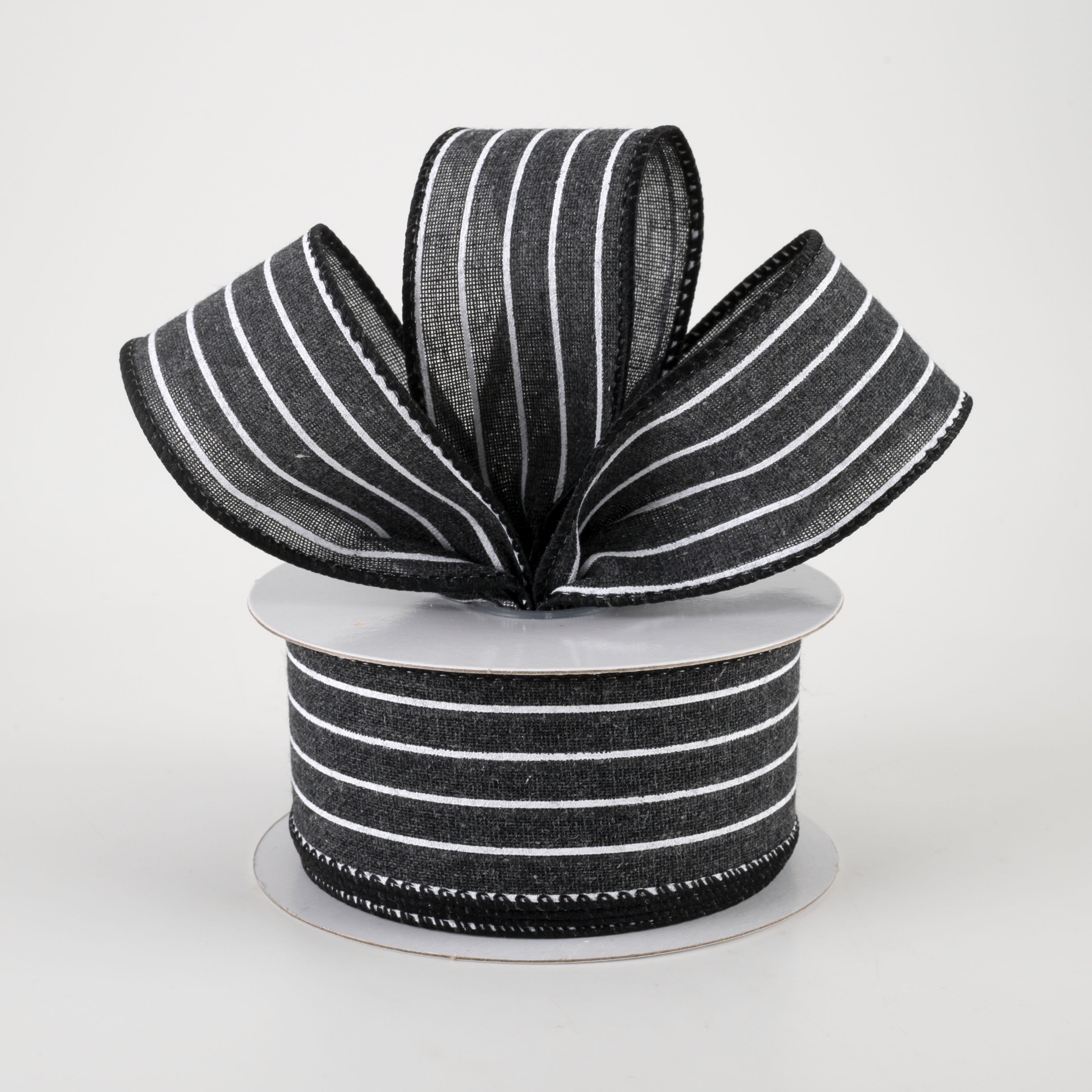 1.5" Stiff Linen Cabana Pinstripe Ribbon: Black (10 Yards) Lifestyle Photo