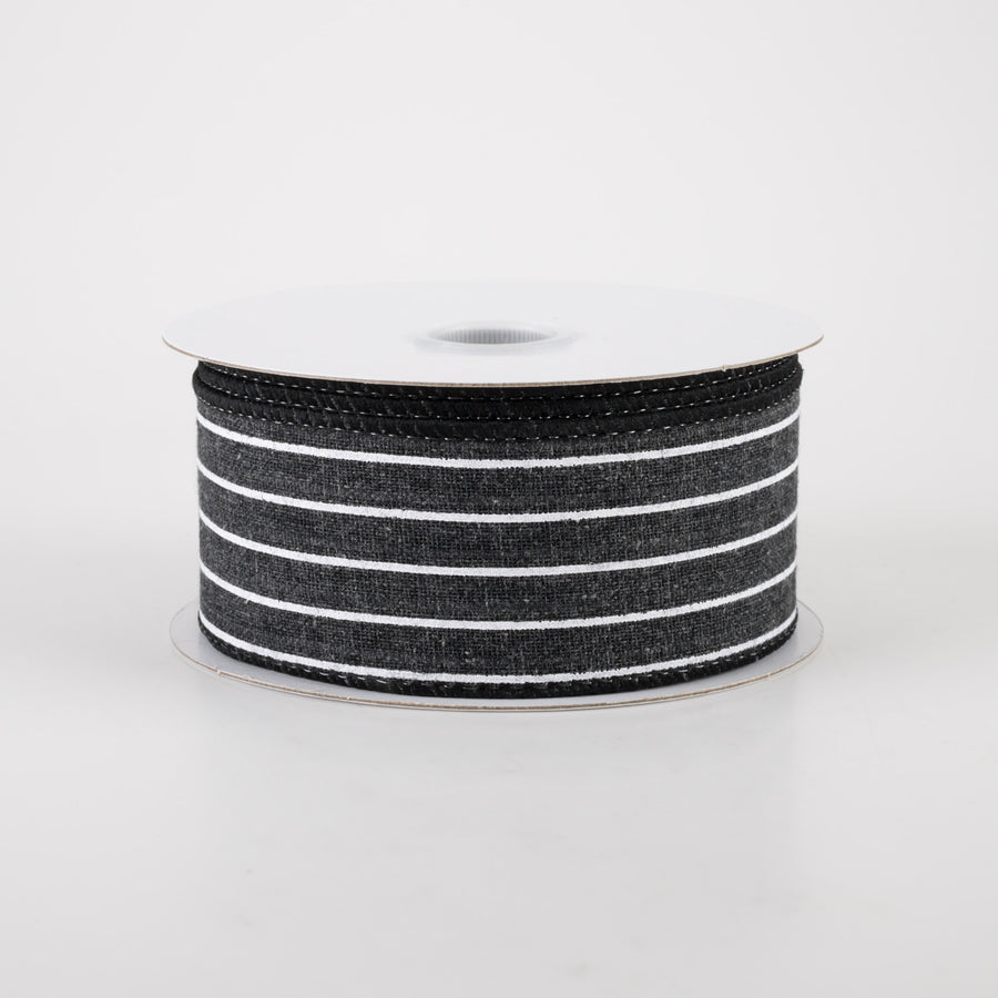 1.5" Stiff Linen Cabana Pinstripe Ribbon: Black (10 Yards)