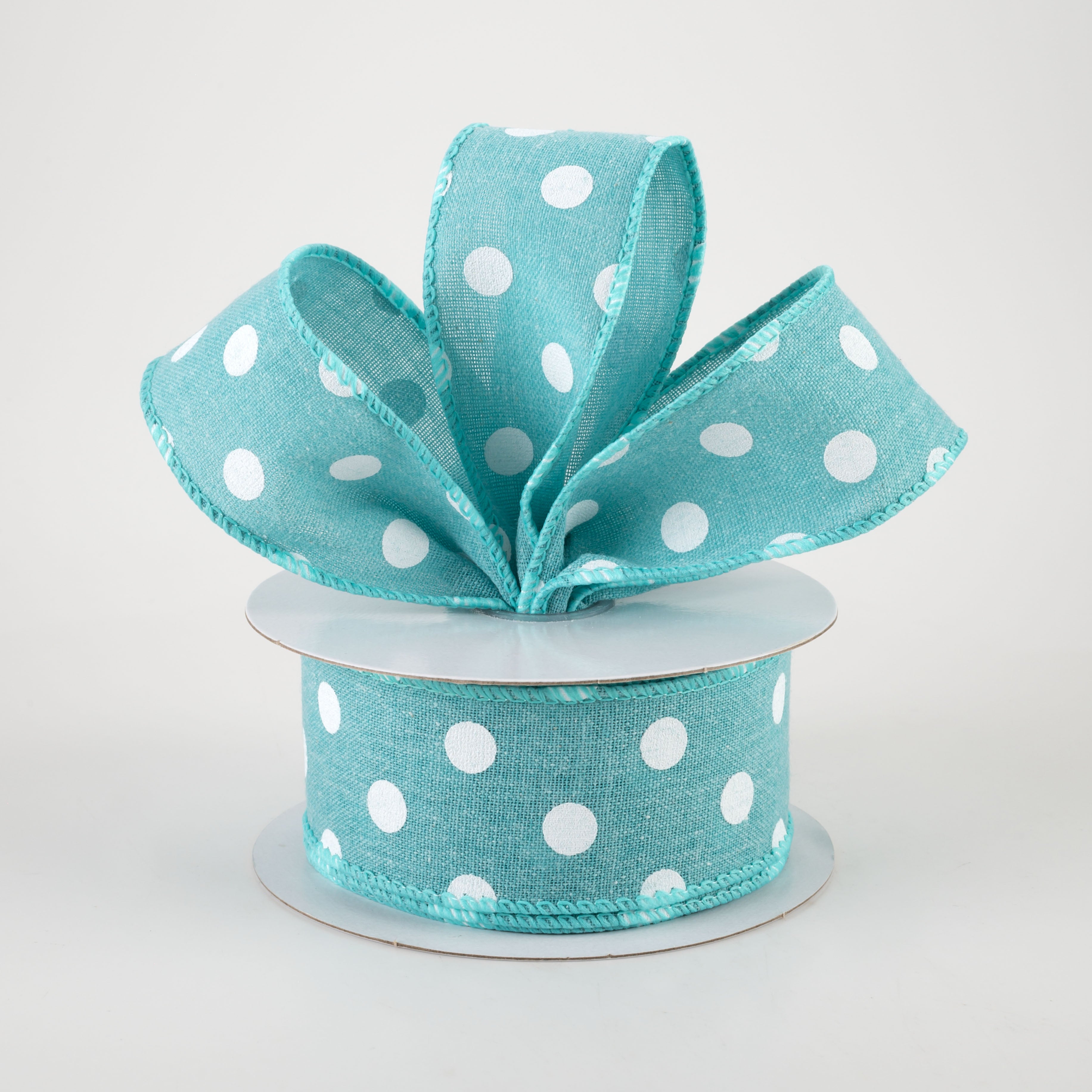 1.5" Stiff Linen Polka Dot Ribbon: Aqua Blue (10 Yards) Lifestyle Photo