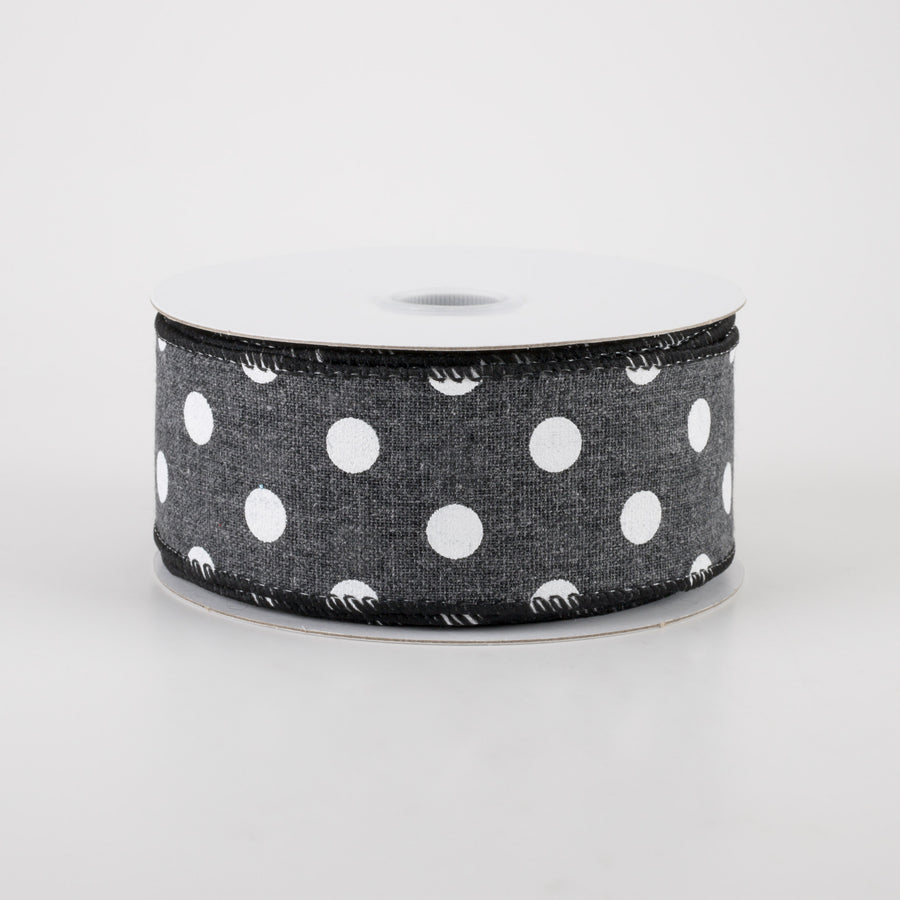 1.5" Stiff Linen Polka Dot Ribbon: Charcoal Black (10 Yards) Item Number: 41243-09-21