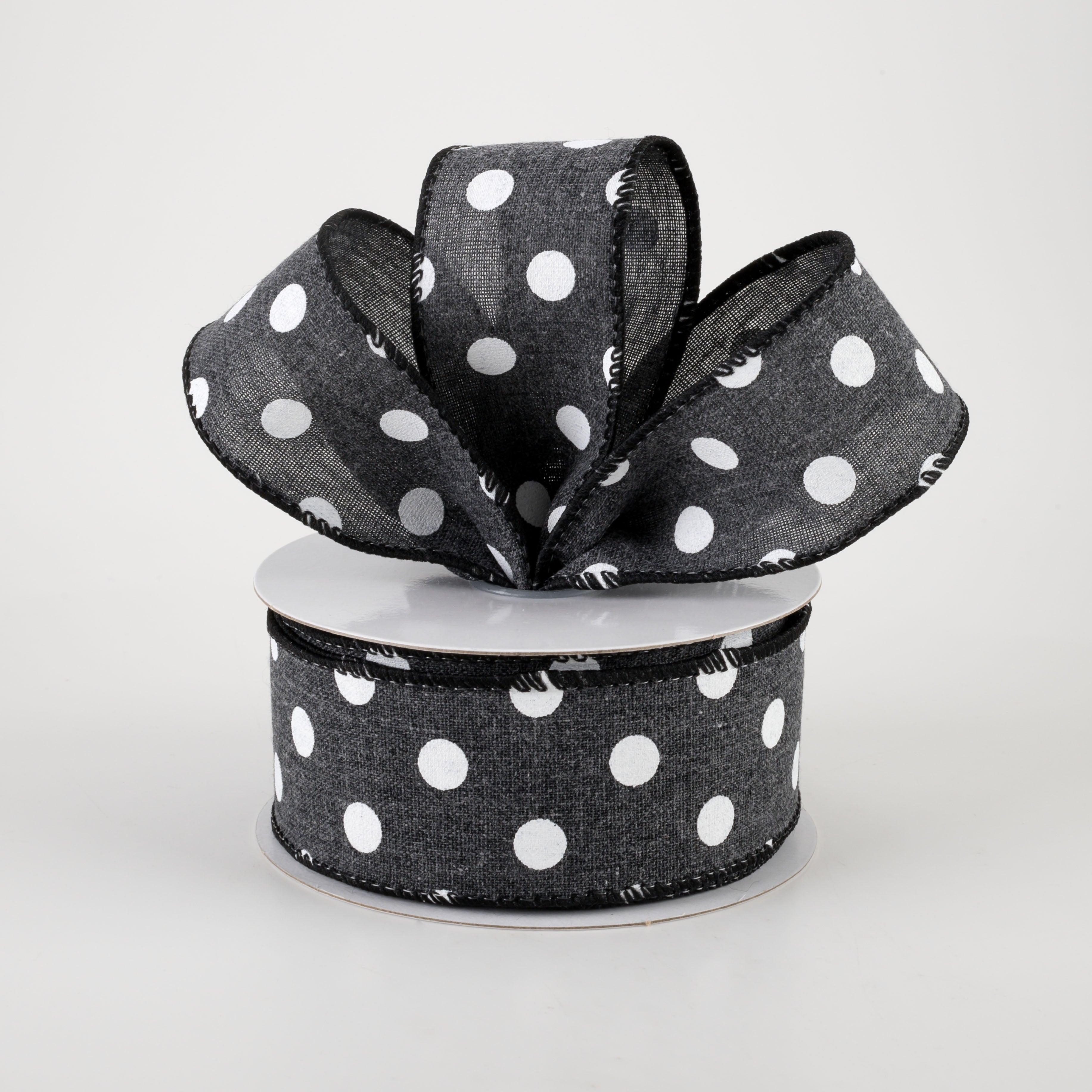 1.5" Stiff Linen Polka Dot Ribbon: Charcoal Black (10 Yards) Lifestyle Photo