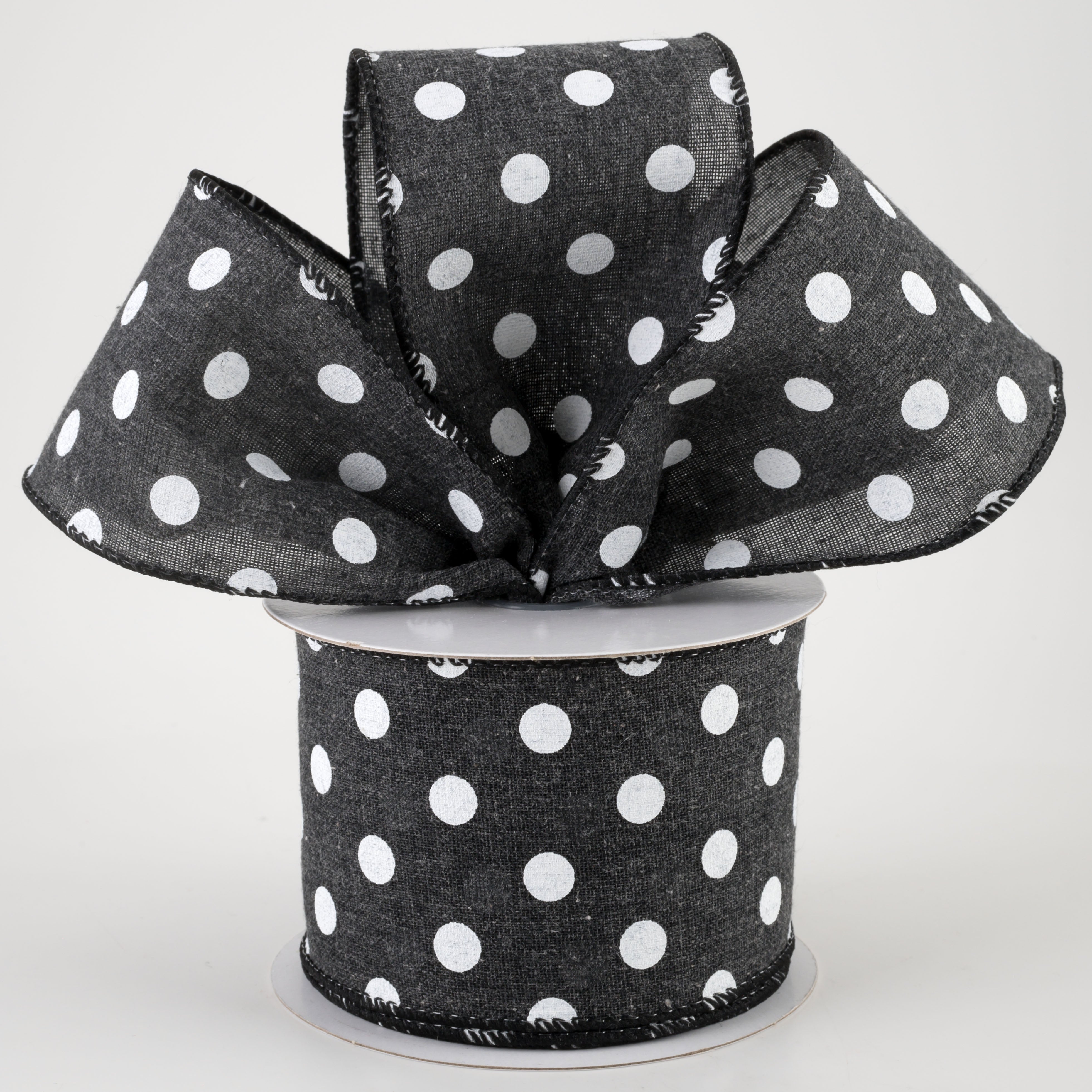 2.5" Stiff Linen Polka Dot Ribbon: Charcoal Black (10 Yards) Lifestyle Photo