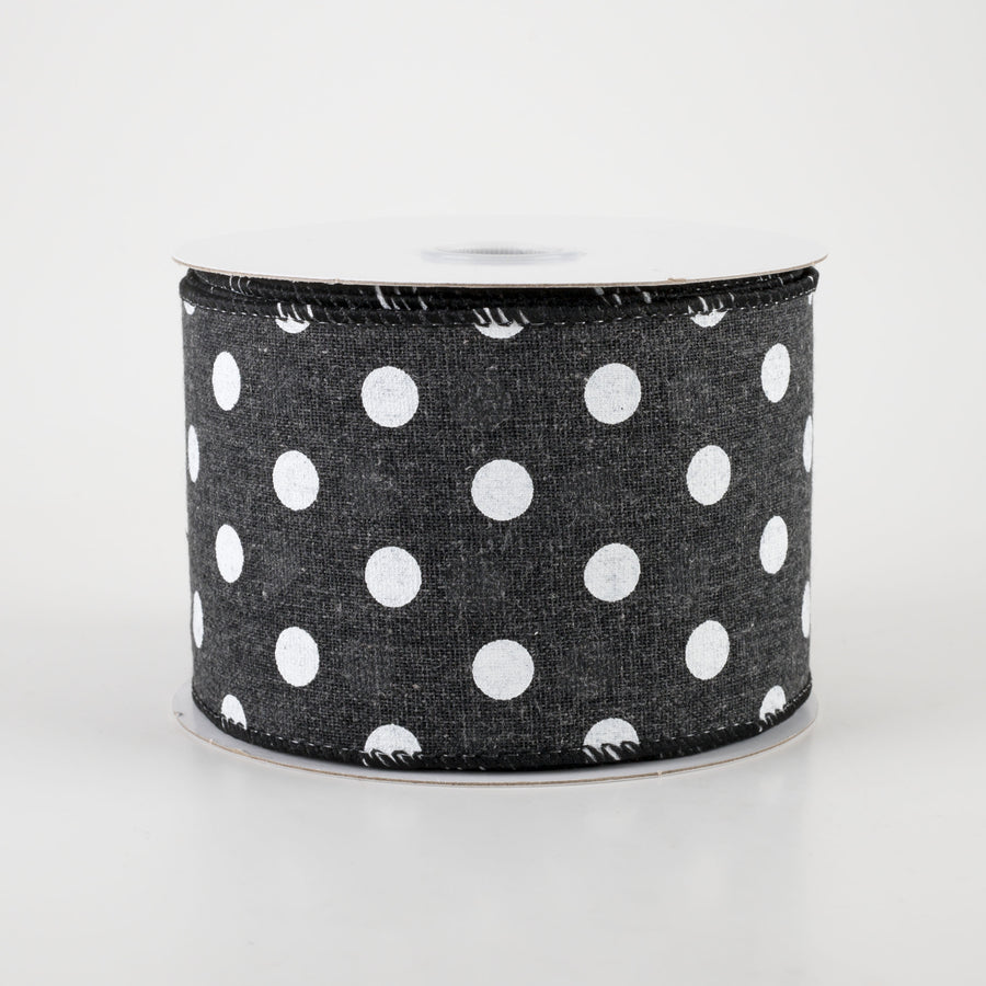 2.5" Stiff Linen Polka Dot Ribbon: Charcoal Black (10 Yards)