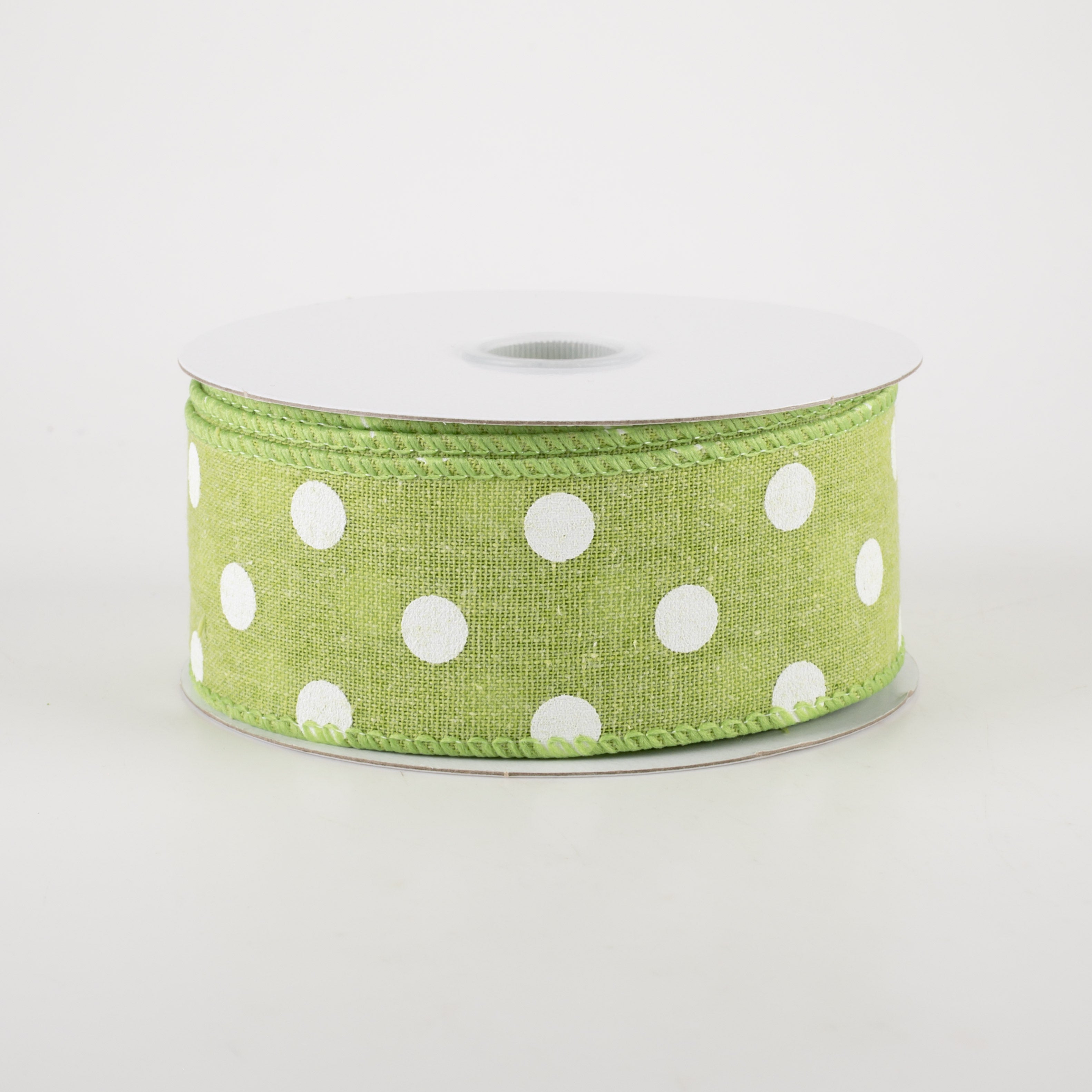 1.5" Stiff Linen Polka Dot Ribbon: Lime Green (10 Yards)