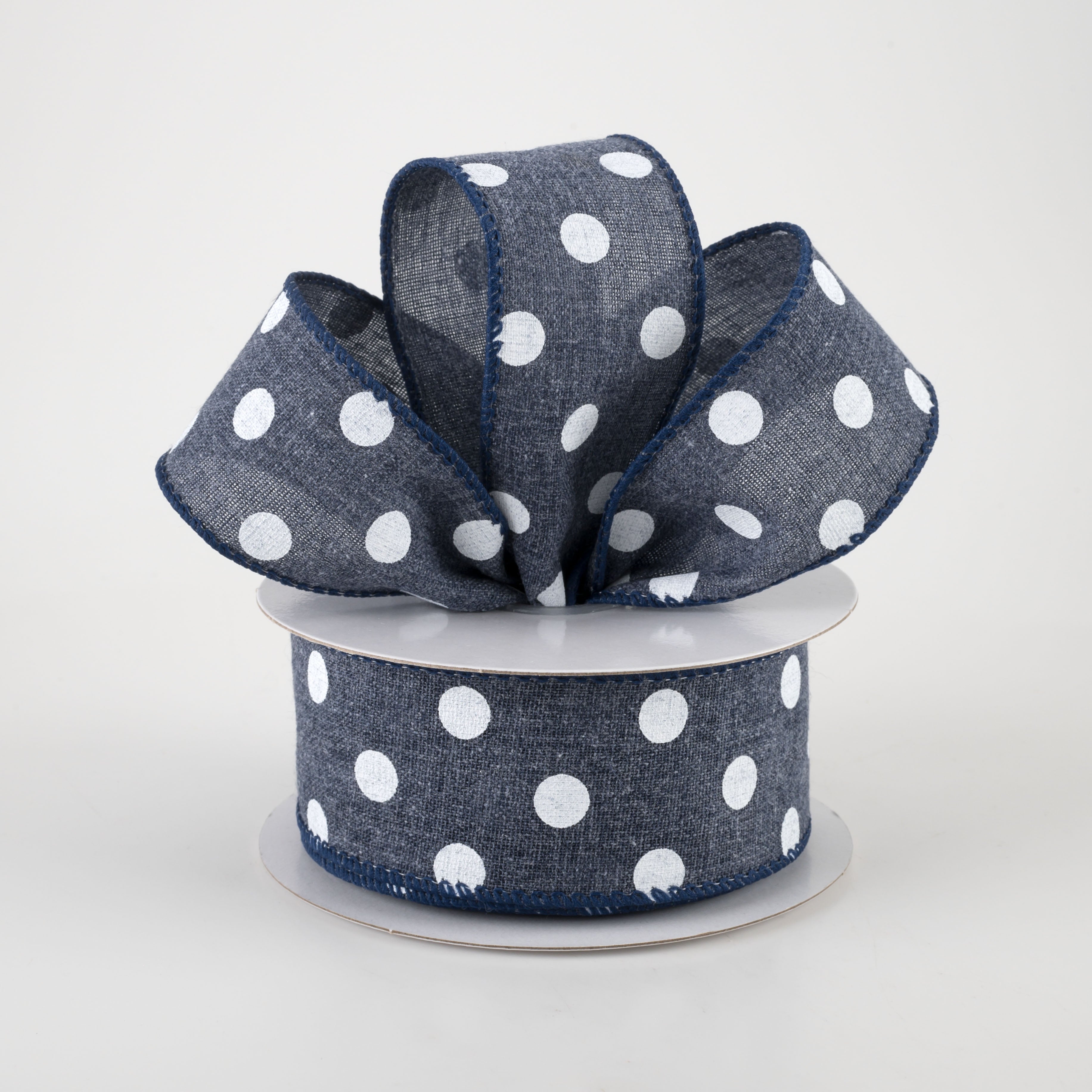 1.5" Stiff Linen Polka Dot Ribbon: Navy Blue (10 Yards) Lifestyle Photo