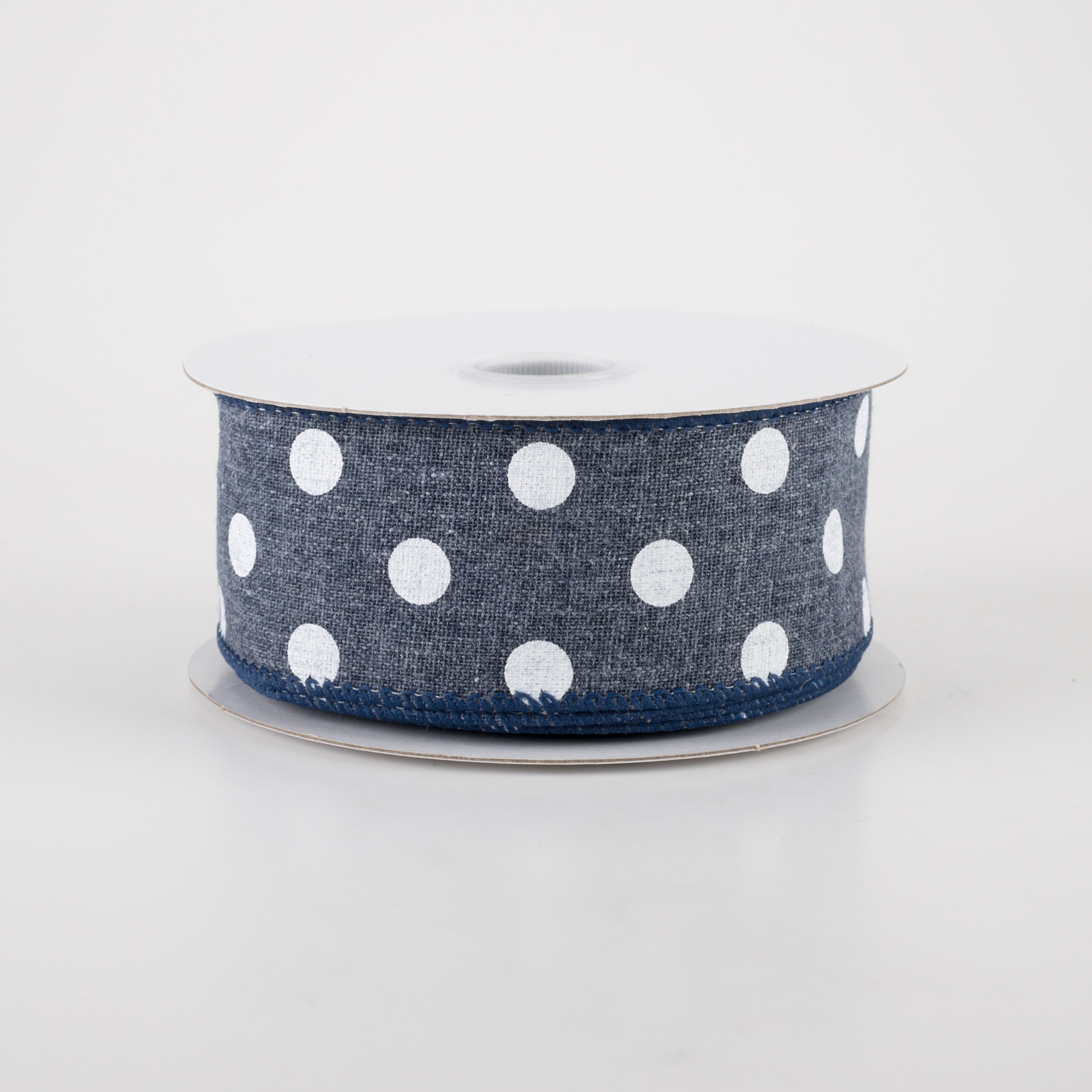 1.5" Stiff Linen Polka Dot Ribbon: Navy Blue (10 Yards)