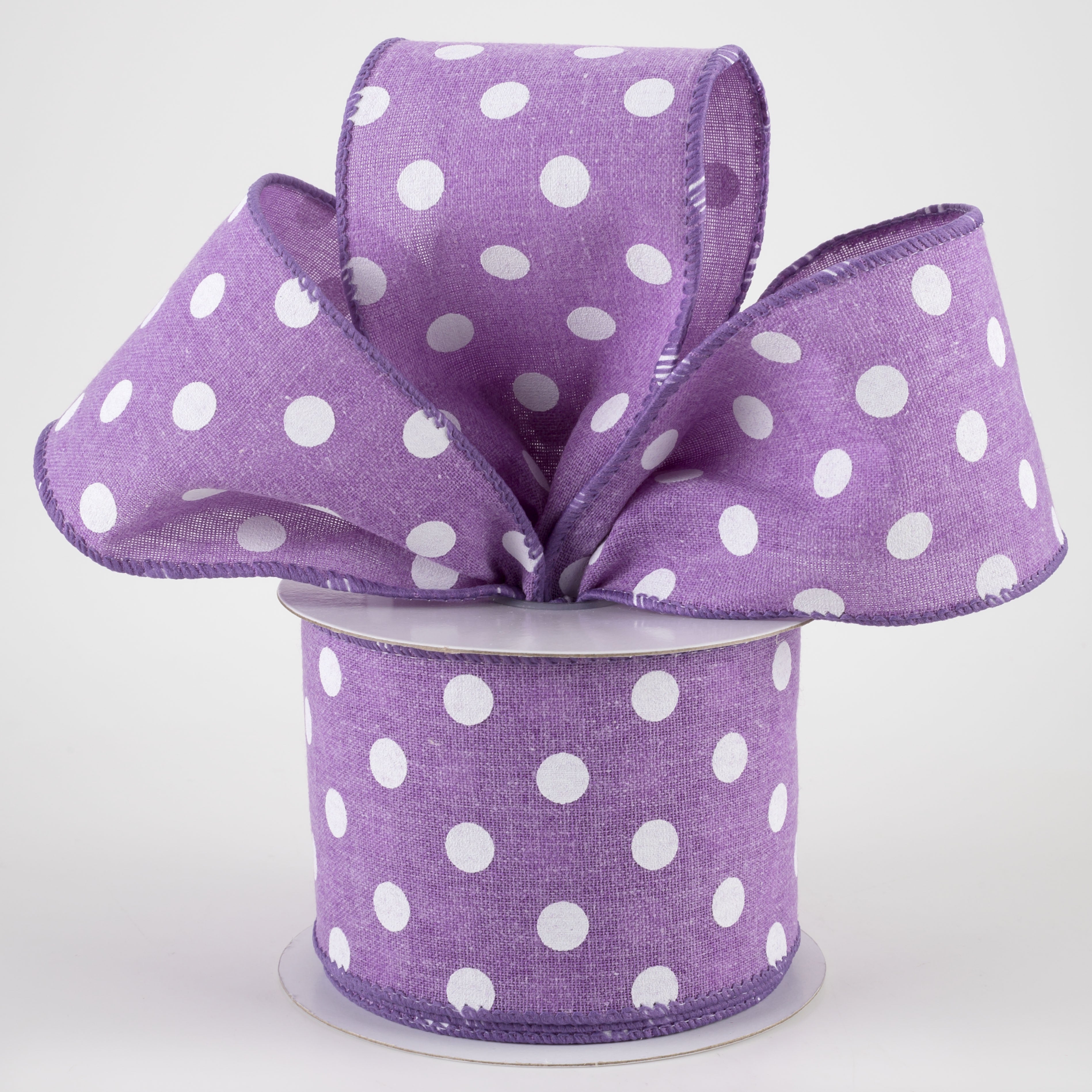 2.5" Stiff Linen Polka Dot Ribbon: Purple (10 Yards) Lifestyle Photo